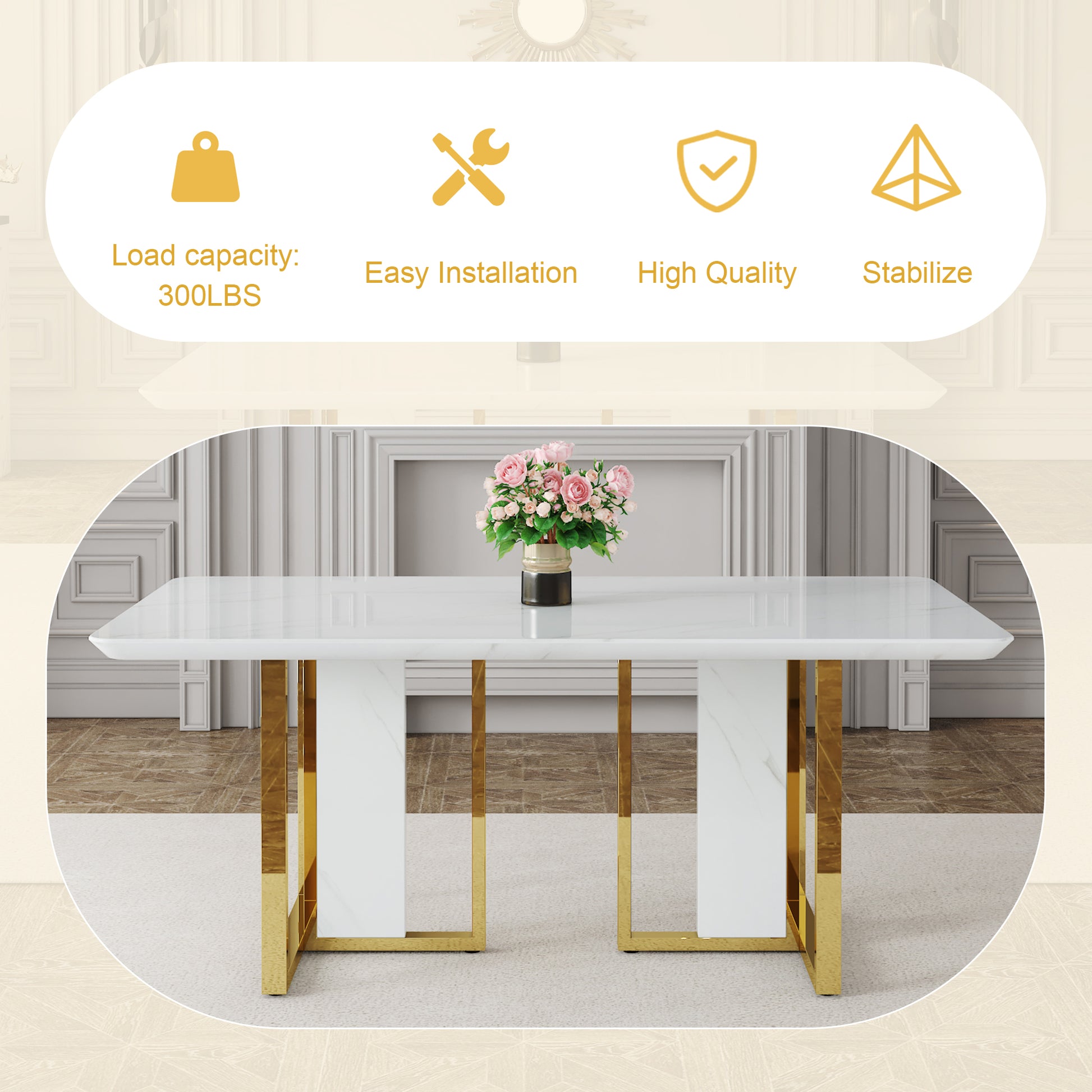 Table And Chair Set.67"X36" White Marble Pattern Mdf Dining Table Set With 8 Black Pu Chairs.Mdf Sticker,White Marble Pattern Sticker,Gold C Tube Chair Legs,Suitable For Kitchen,Dining Room,Etc.