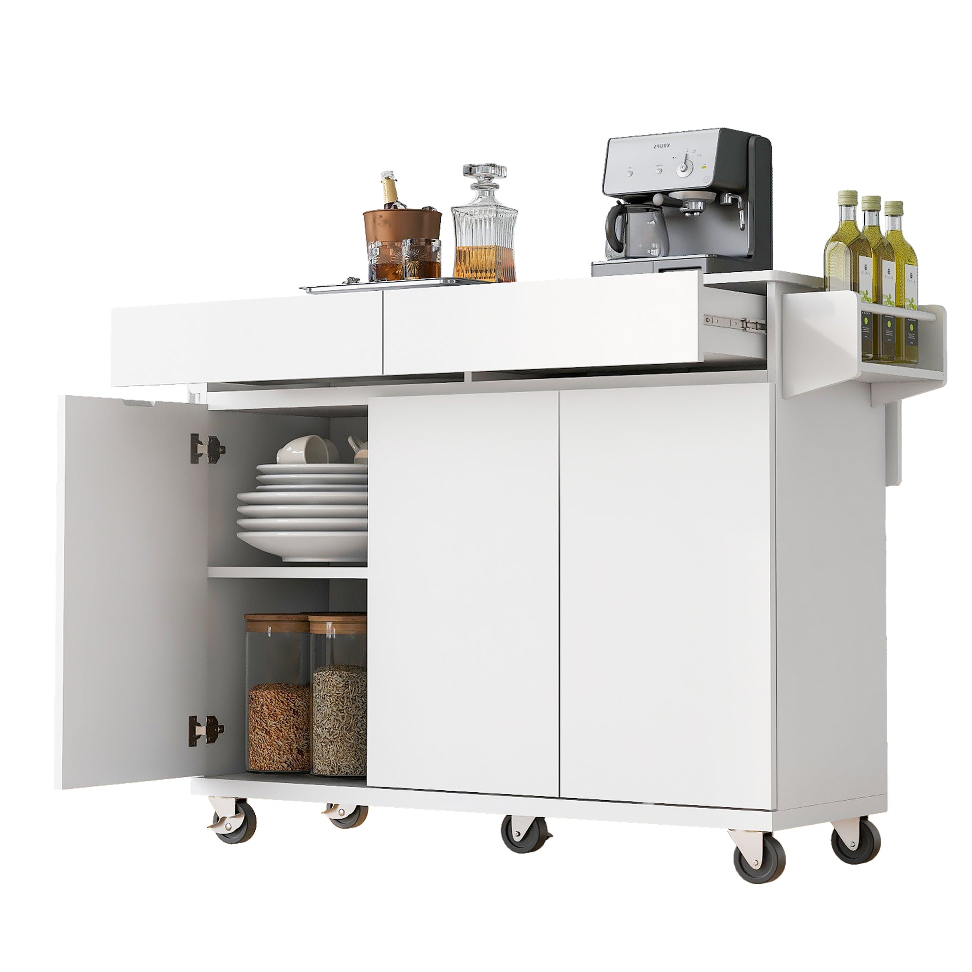 K&K 53.2'' Kitchen Island With Drop Leaf, Kitchen Storage Cart With Spice Rack, Towel Rack And 2 Drawers, Rolling Kitchen Island On Wheels With Adjustable Shelves For Kitchen, Dining Room, White White Brown Kitchen Artsy,Casual,Classic,Minimalist,Modern