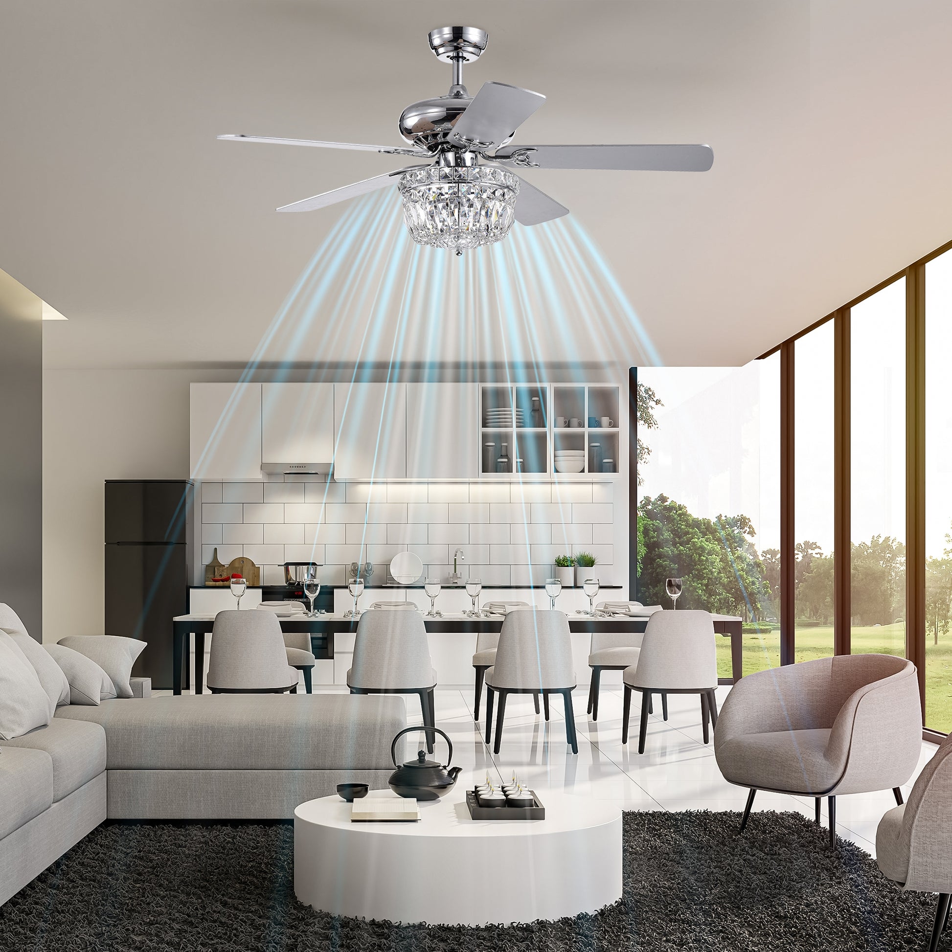 52 Inch Crystal Chandelier Fan Dual Finish Reversible Blades, Fandelier,Ceiling Fan With Remote Control 3 Speed Low,Mid,High For Living Room, Dining Room, Bedroom, Family Room, Chrome Chrome American Traditional,Antique,Classic,Contemporary Crystal Metal