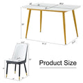 Table And Chair Set.A Morden Table With White Imitation Marble Patterned Stone Burning Tabletop With Golden Metal Legs.Paried With 4 Chairs With Pu Leather Backrest And Black Metal Legs. Black,White Gold Seats 4 Metal,Sintered Stone
