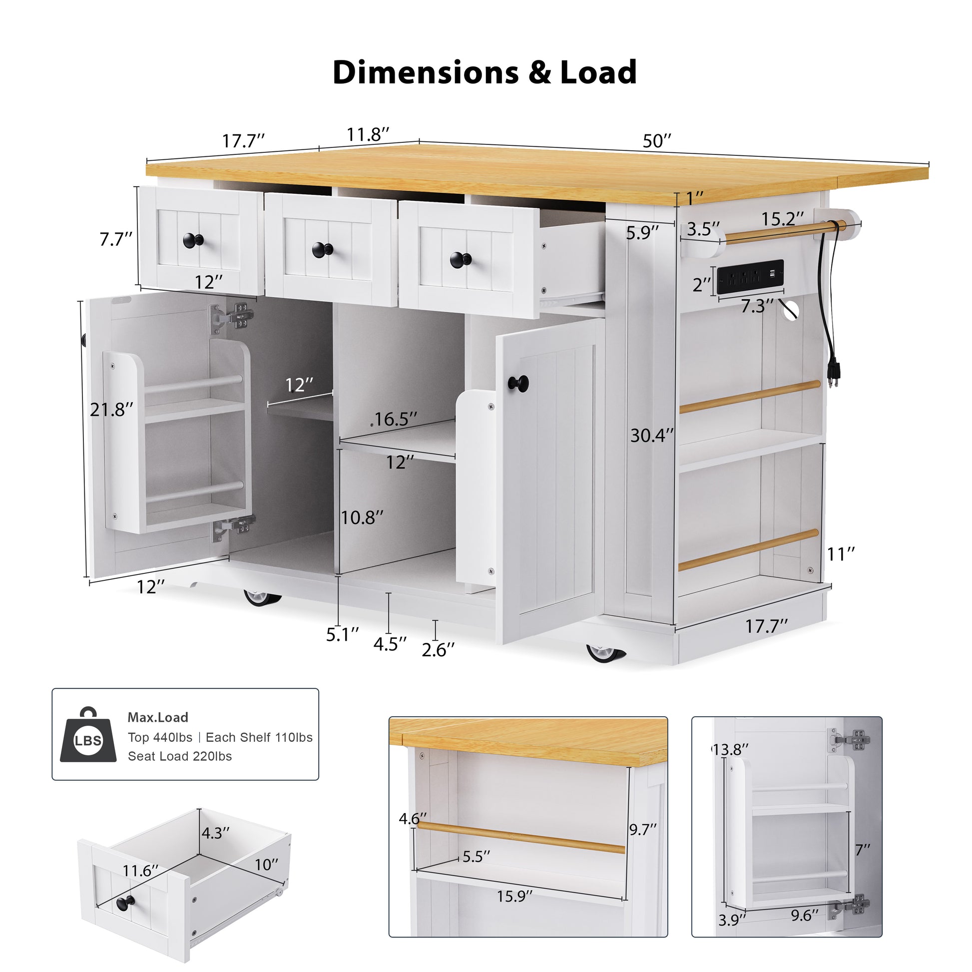 K&K 53Inch Large Kitchen Island With Drop Leaf, Power Outlet, Door Internal Storage Rack, Rolling Kitchen Cart On 5 Wheels With 5 Open Side Racks For Kitchen, Dining Room,White Not Include Bar