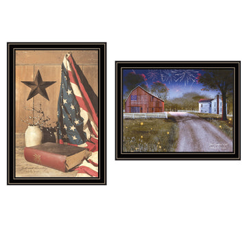2 Piece Vignette Star Spangled Night, God & Country Black Framed Wall Art For Living Room, Bedroom Wall Art Print For Home Decor By Billy Jacobs Multicolor Wood Paper