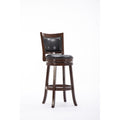 Sabi 29 Inch Swivel Counter Stool, Solid Wood, Faux Leather, Brown, Black Brown Black Wood Fabric