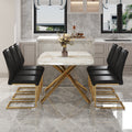 Table And Chair Set.Modern Luxurious Tempered Glass Dining Table Set With 6 Gold Metal Legs And Pu Chairs.White Marble Patterned Sticker Tabletop,Black Chairs With Gold Metal Legs. Black Gold Seats