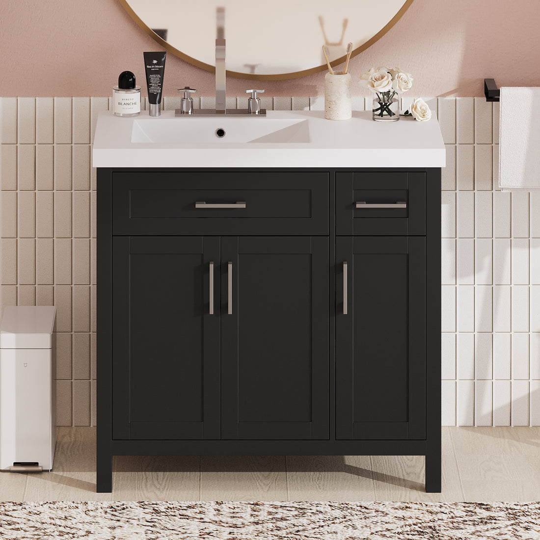 36" Black Bathroom Vanity Cabinet With Resin Integrated Sink 2 Drawers, 3 Doors Black Bathroom Solid Wood Mdf Resin