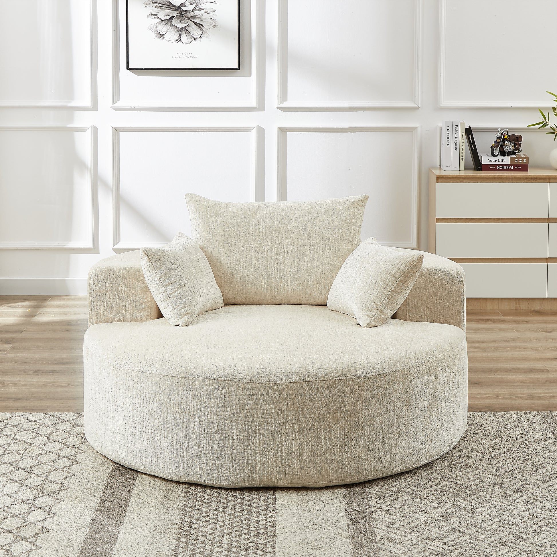 55'L Chenille Sponge Single Sofa,No Assembly Required,Fluffy Modern Sleeper Chair For Living Room, Bedroom, Lounge And Projection Room Not A Swivel Chair. Beige Foam Chenille 1 Seat