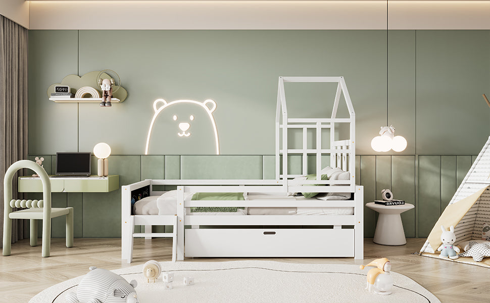 Twin Size House Bed With Ladder And Storage Drawers For Kid Bedroom,Solid Wood Platfrom Bedframe With 2 Blackboard Design, No Box Spring Needed, White Twin White Partice Board Mdf Pine Wood