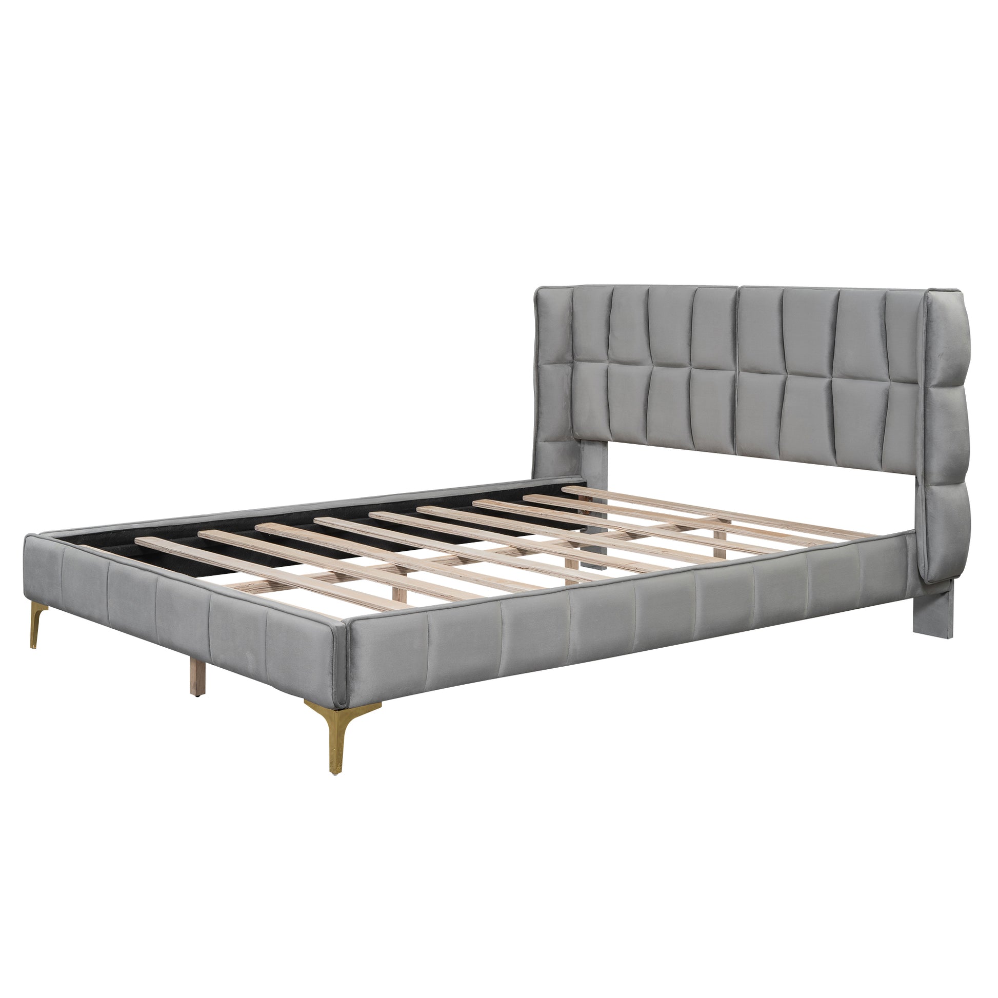 Queen Size Upholstered Velvet Platform Bed, Gray Box Spring Not Required Queen Gray Wood Bedroom Bed Frame Velvet Upholstered