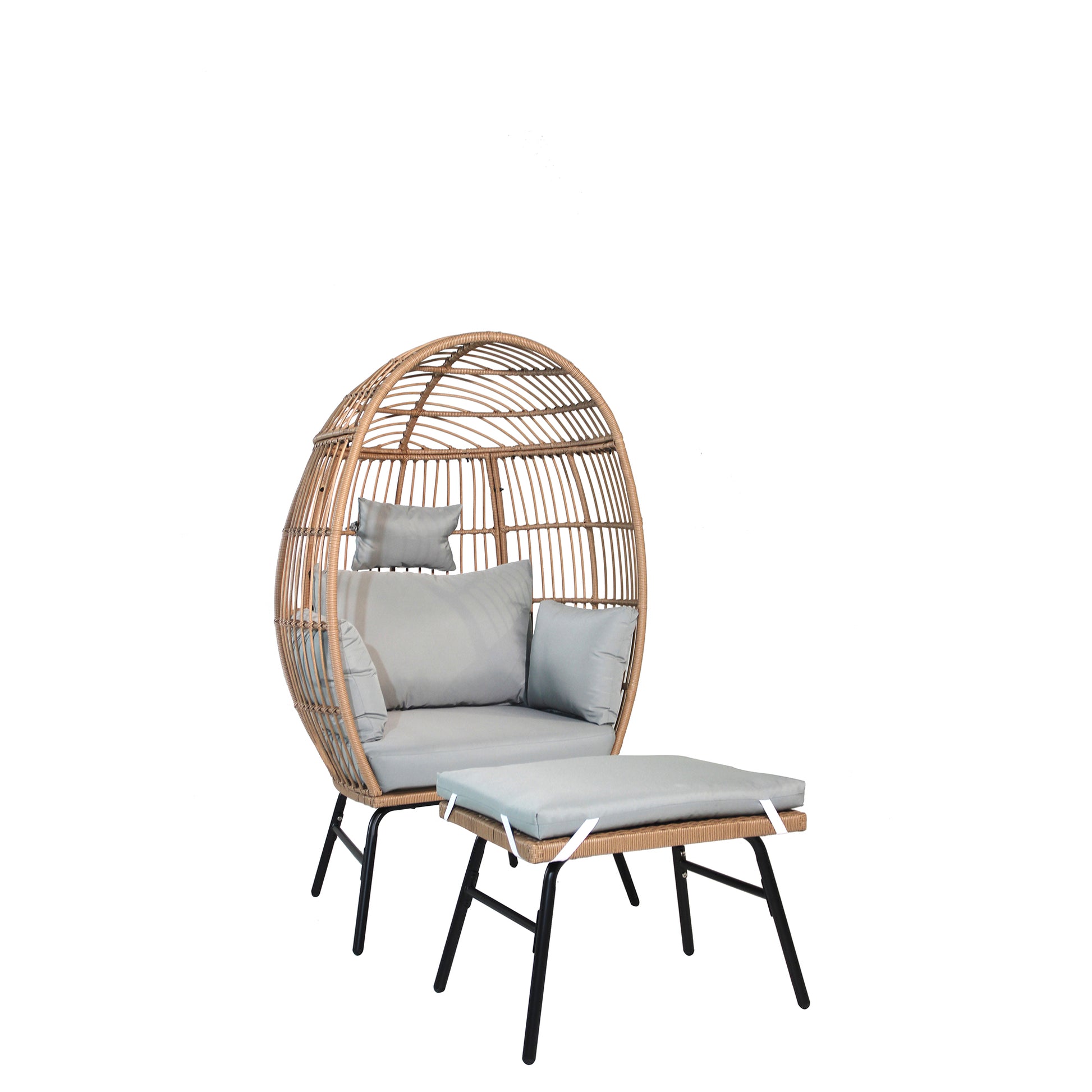 Outdoor Garden Wicker Egg Chair And Footstool Patio Chaise, With Cushions, Outdoor Indoor Basket Chair Yes Blue Neutral Seats 2 Garden & Outdoor European,Modern Steel