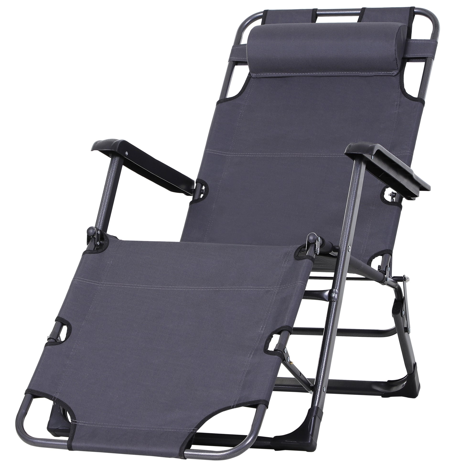 Outsunny Folding Chaise Lounge Chair For Outside, 2 In 1 Tanning Chair With Pillow & Pocket, Adjustable Pool Chair For Beach, Patio, Lawn, Deck, Gray Grey Metal