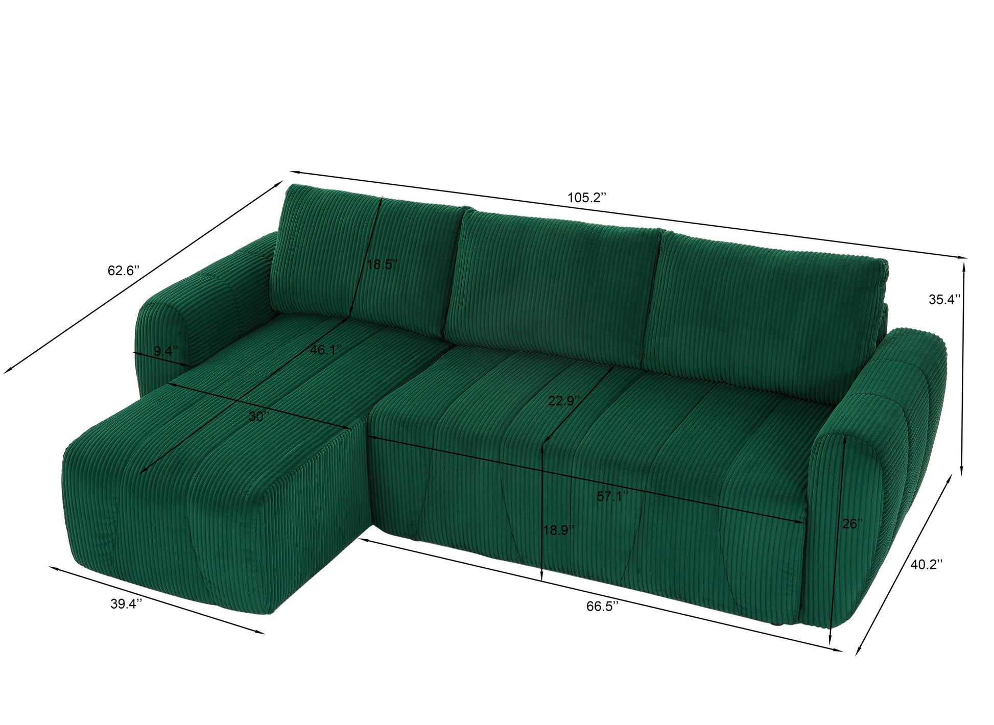Convertible Sectional Sofa Couch, Modern Fabric 3 Seater L Shaped Couch For Living Room, Apartment, Office, Small Space Dark Green Corduroy 5 Seat