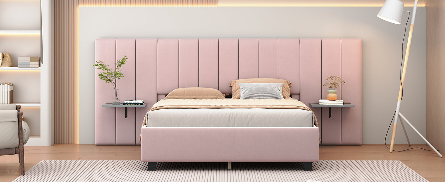 Queen Size Upholstered Platform Bed With Big Headboard, Bedroom Furniture, Velvet, Pink Queen Pink Plywood