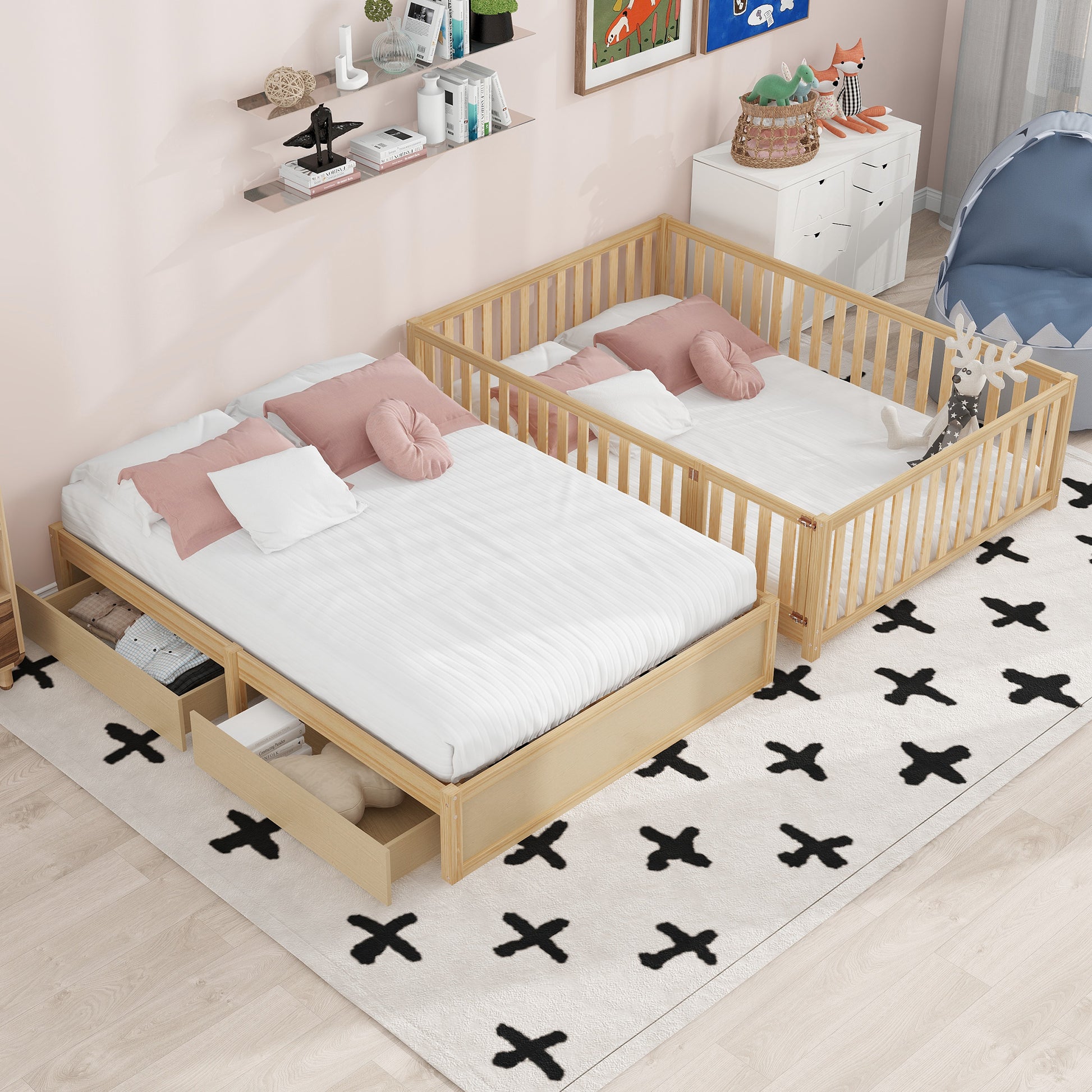 Full Size Wood Daybed With Fence Guardrails And 2 Drawers, Split Into Independent Floor Bed & Daybed, Natural Old Sku :Lp000882Aan Full Natural Solid Wood Mdf