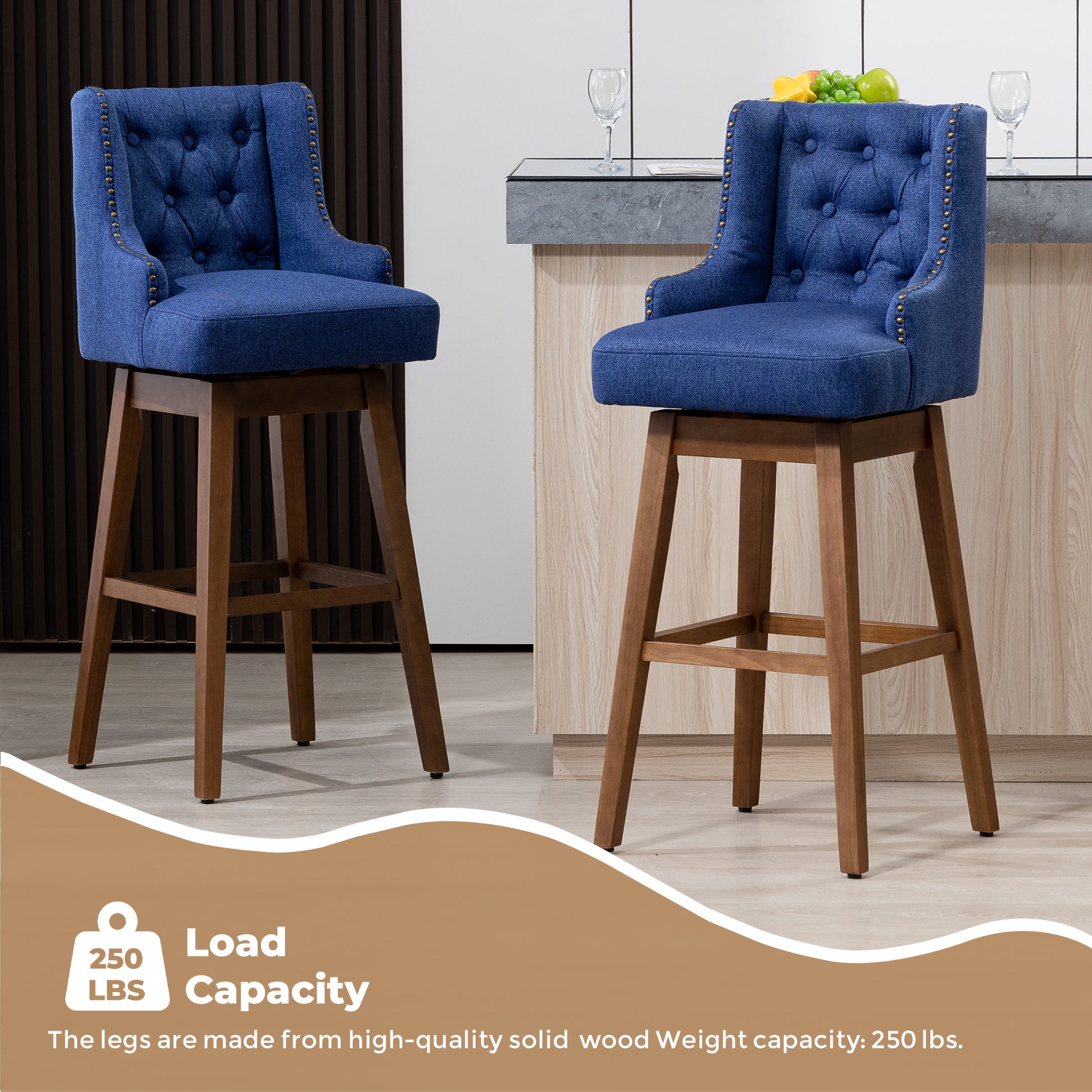 Coolmore Bar Stools Set Of 2 Counter Height Chairs With Footrest For Kitchen, Dining Room And 360 Degree Solid Wood Legs Swivel Bar Stools Set Of 2 Navy Linen Navy Foam Linen