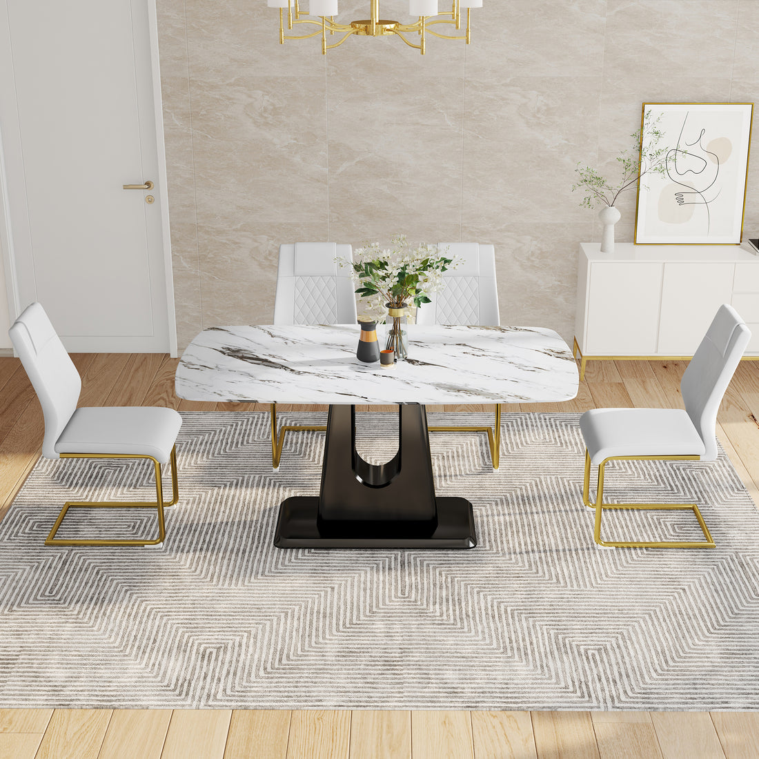 Table And Chair Set, Modern And Minimalist Dining Table, Imitation Marble Patterned Tabletop, Mdf Legs With U Shaped Brackets. Paired With Comfortable Chairs, Suitable For Dining And Living Rooms. Black Gold Mdf Glass