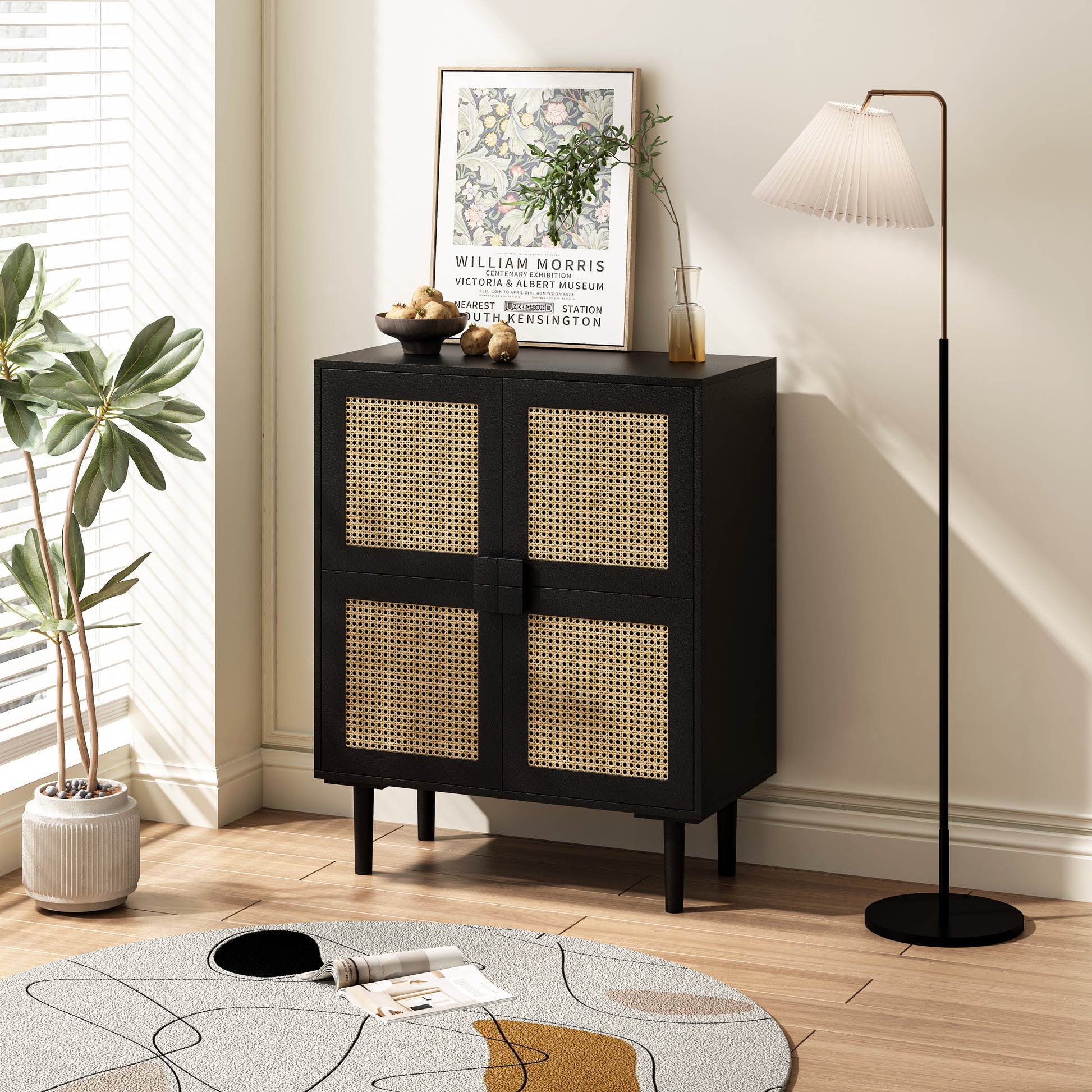 4 Doors Rattan Mesh Storage Cabinet, Sideboard With Eight Storage Spaces, For Entryway, Living Room, Hallway Black 5 Or More Shelves Black Primary Living Space Adjustable Shelves Mdf