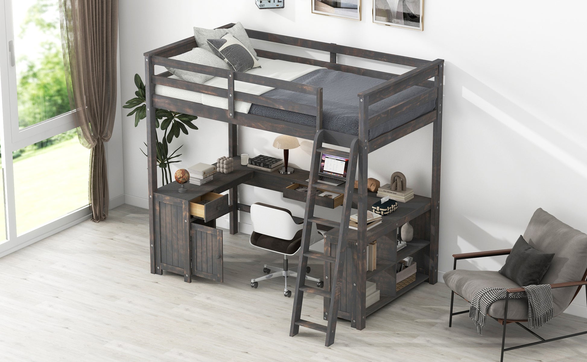 Full Size Loft Bed With U Shaped Desk, Drawers And Storage Shelves, Antique Brown Box Spring Not Required Full Antique Brown Wood Bedroom Solid Wood Mdf