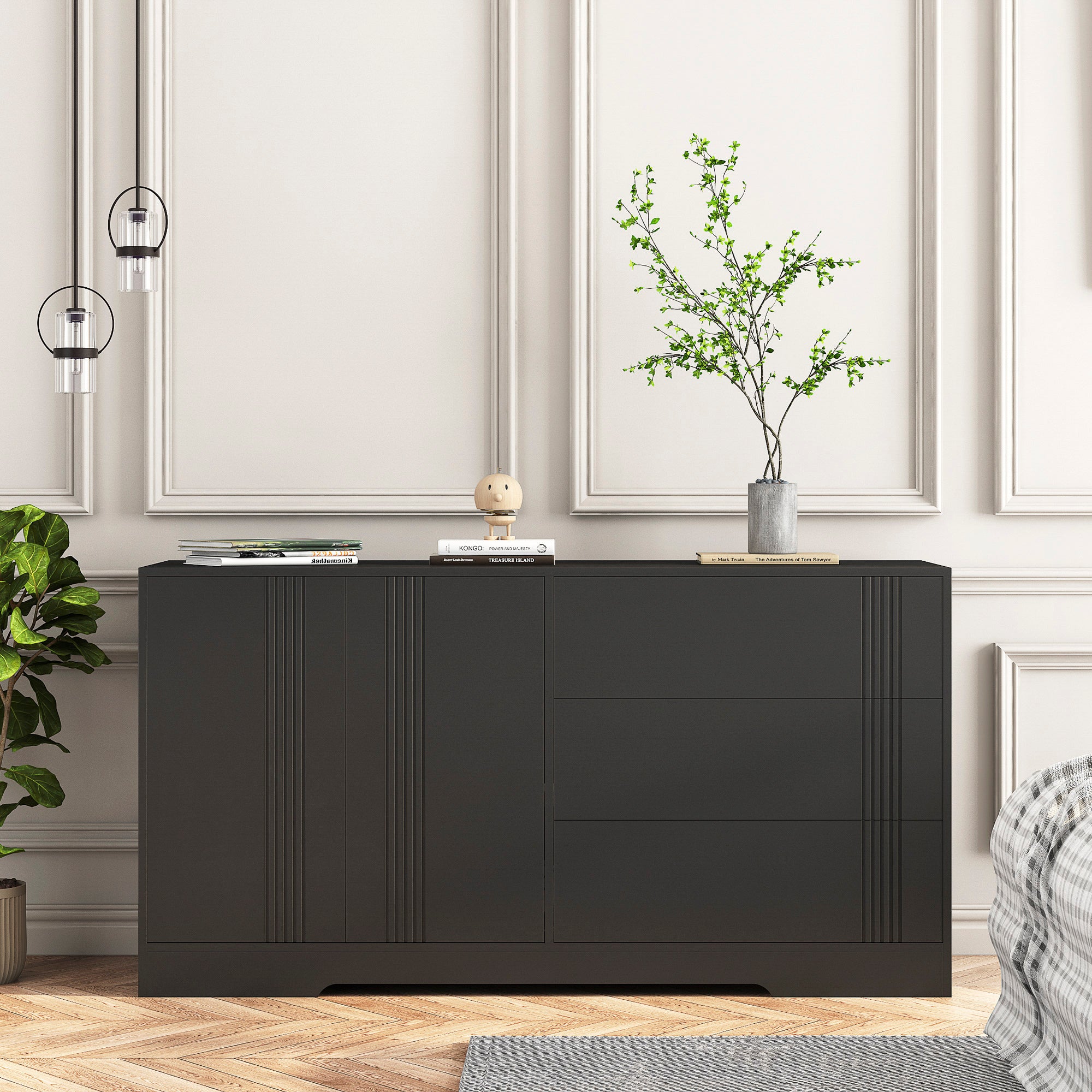 Sideboard Buffet Cabinet With Storage, Modern Kitchen Buffet Storage Cabinet With Drawer And Doors, Large Coffee Bar With Adjustable Shelves For Kitchen Black Mdf