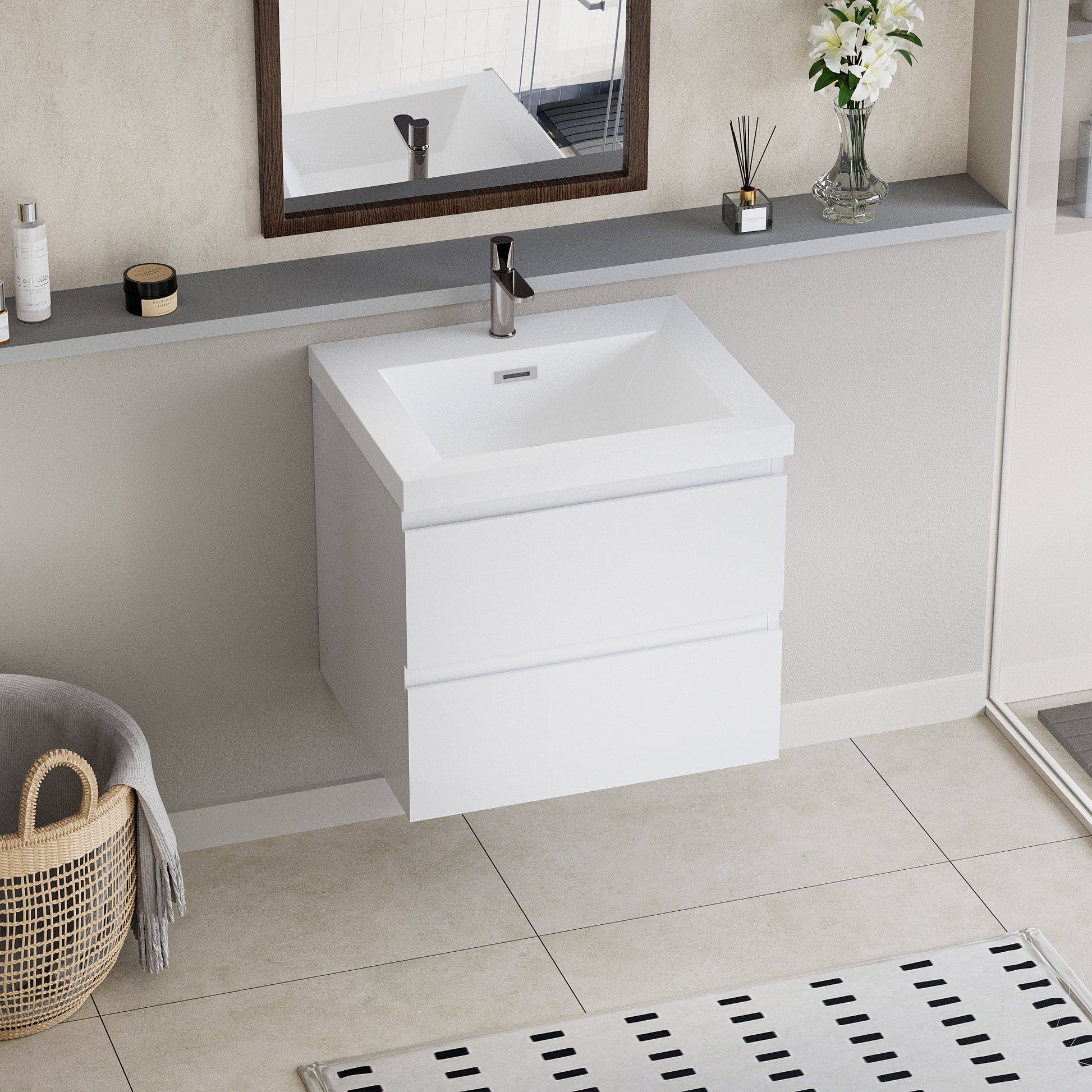 24" Floating Bathroom Vanity with Sink, Modern Wall white-mdf
