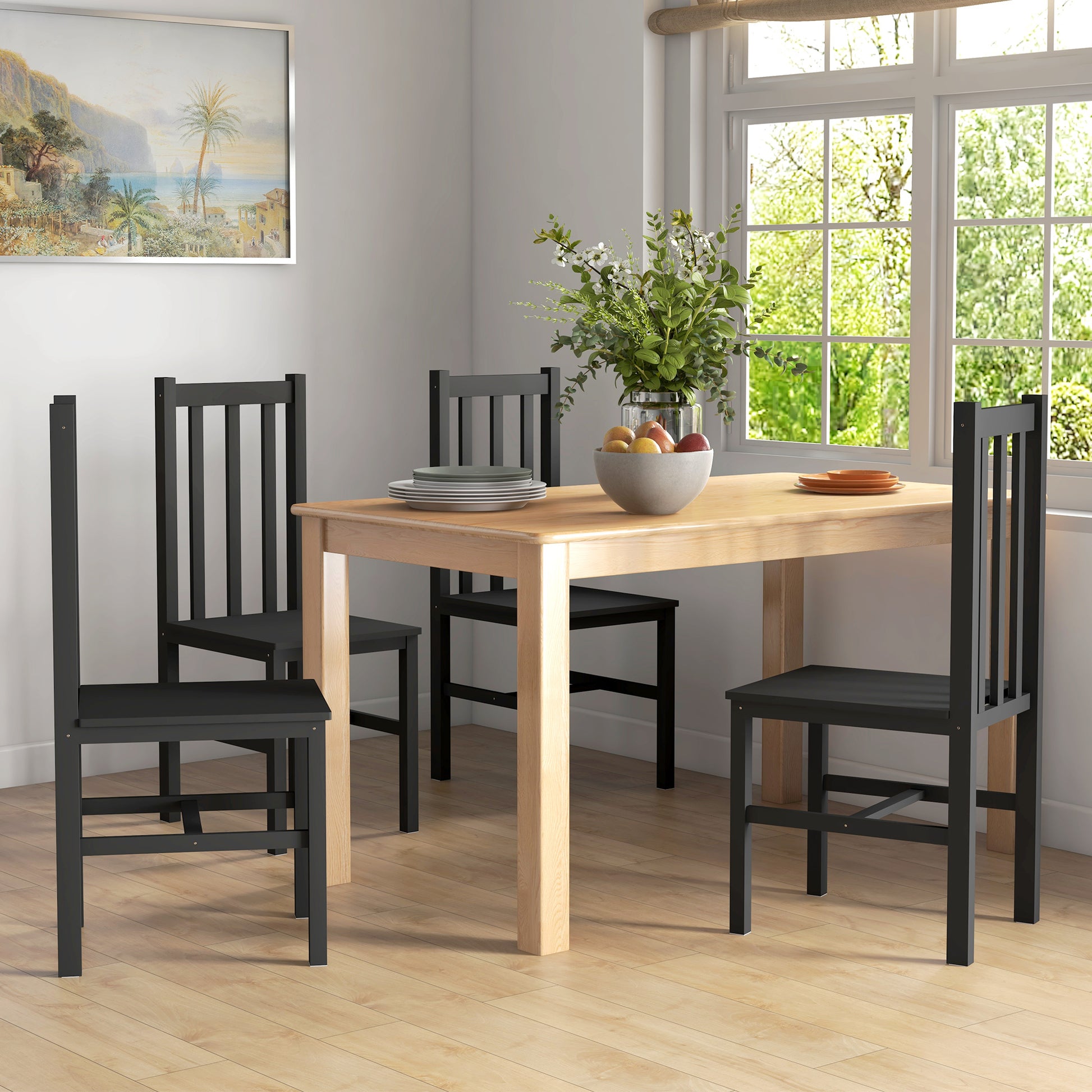 Homcom Farmhouse Armless Dining Chairs, Set Of 4 With Slat Back, Black Black Pine