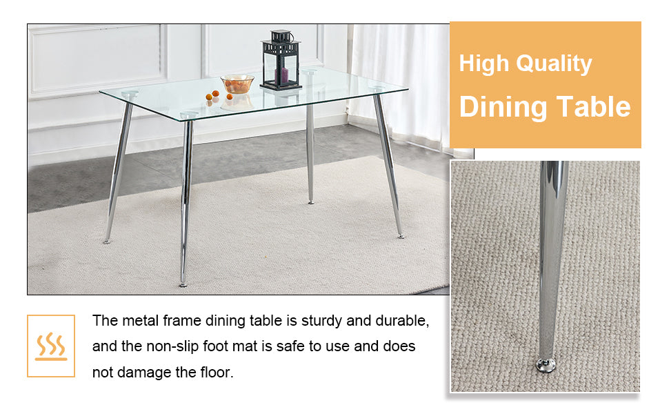 Table And Chair Set.Rectangular Dining Table With Tempered Glass Tabletop And Silver Plating Metal Legs.Paired With 4 Checkered Armless High Back White Chairs With Electroplated Metal Legs. White Seats 4 Glass Metal