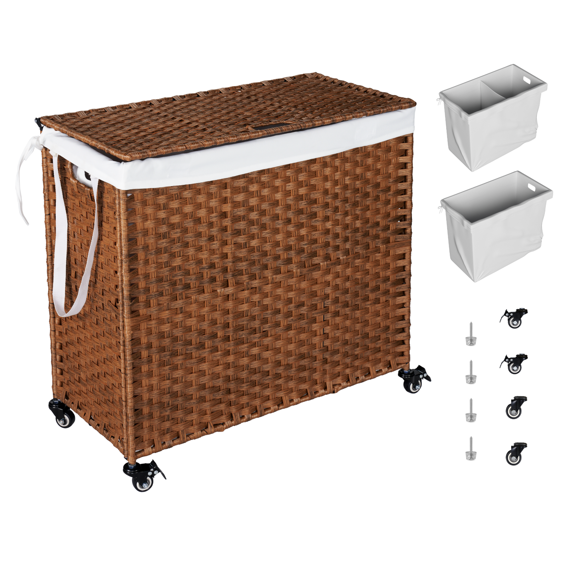 Laundry Hamper With Lid Pe Rattan Powder Coating Frame Clothes Hampers With 02 Removable Bags, Wheels, 160L, Brown Color Brown 1 Bathroom American Design,American Traditional Wicker