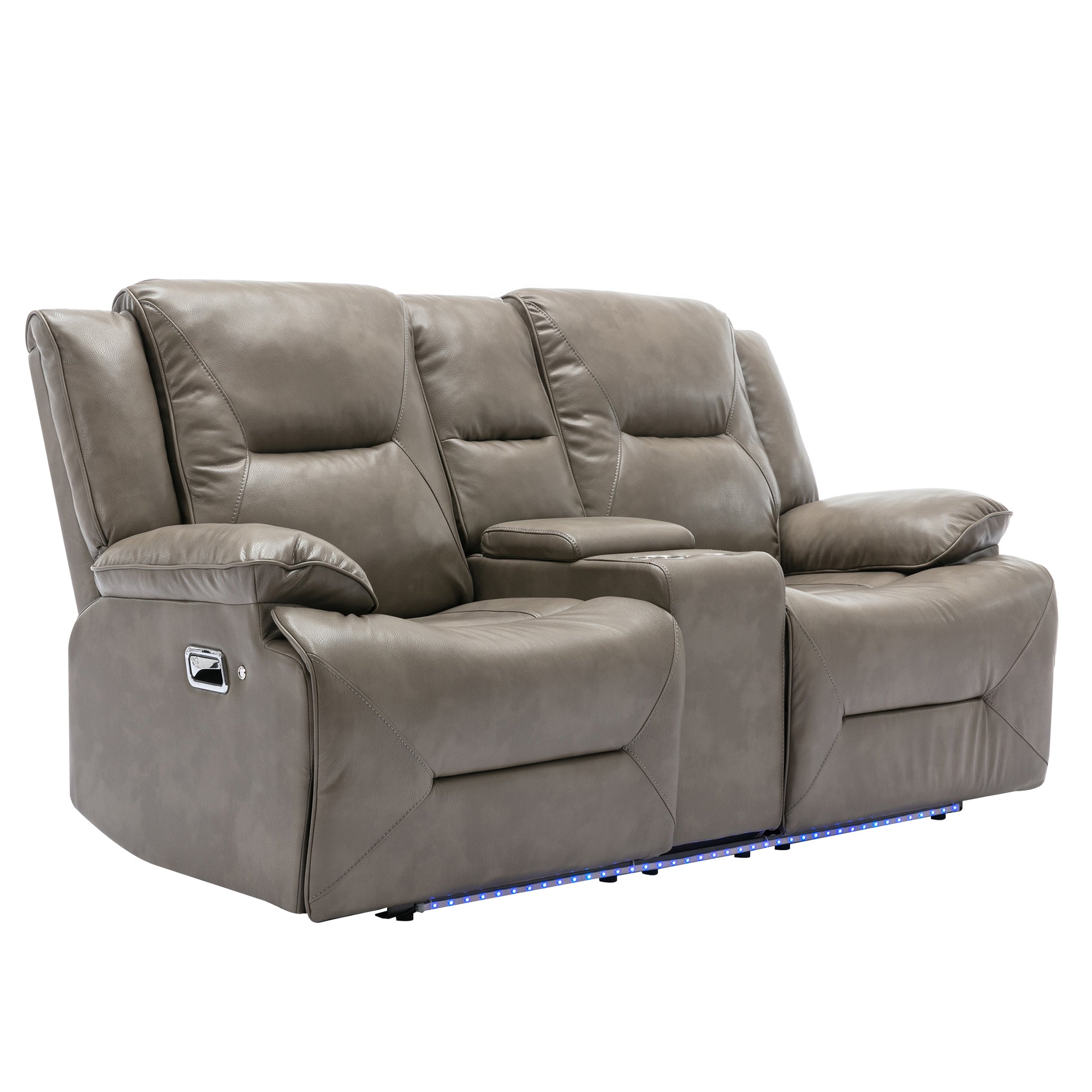 2 Seater Home Theater Recliner Manual Recliner Chair With A Led Light Strip Two Cup Holders And A Storage Box For Living Room,Bedroom, Grey Grey Foam Pu