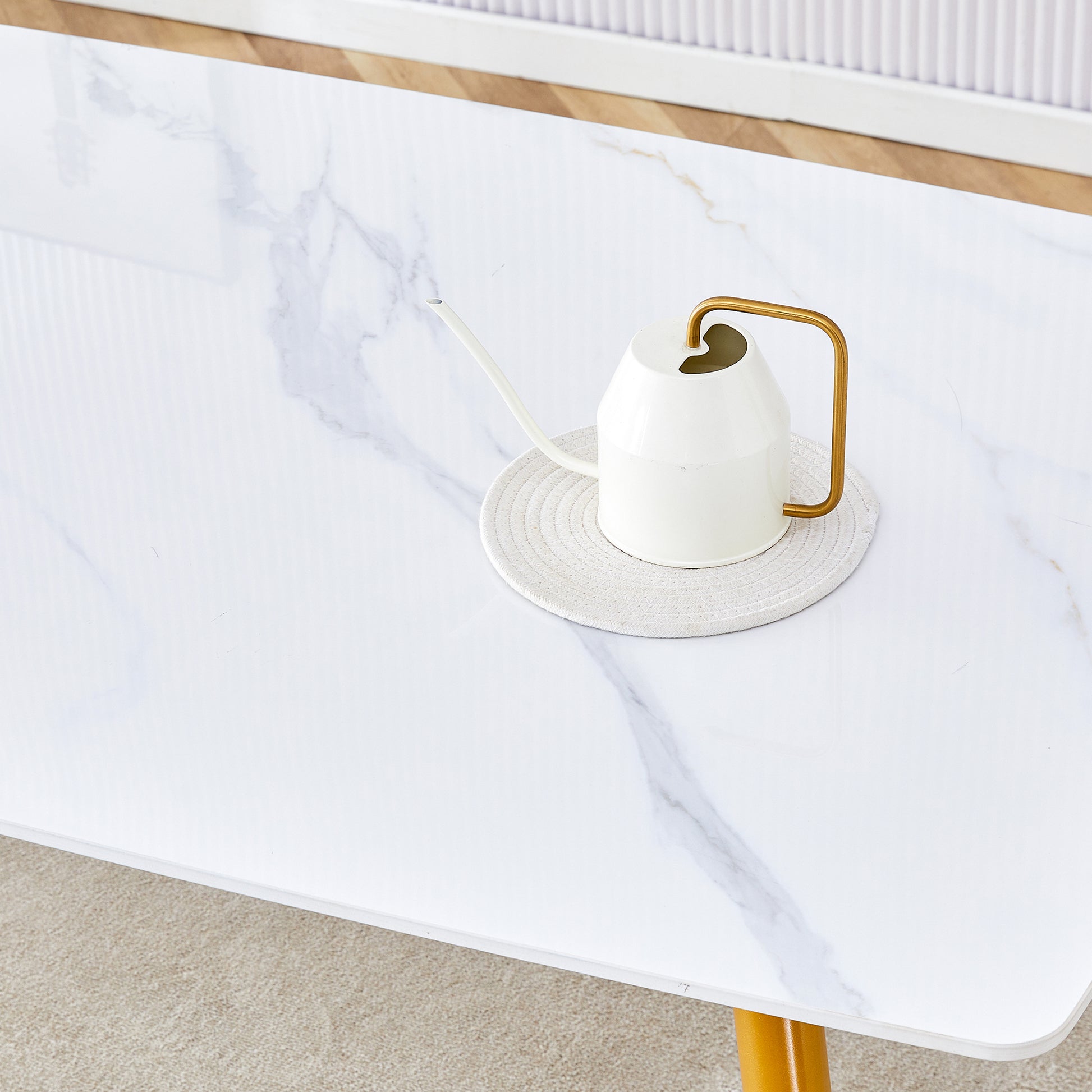 Modern Minimalist Dining Table. White Imitation Marble Pattern Sintered Stone Desktop With Golden Metal Legs.62"*34.6"*29.9" F 001 Gold Sintered Stone