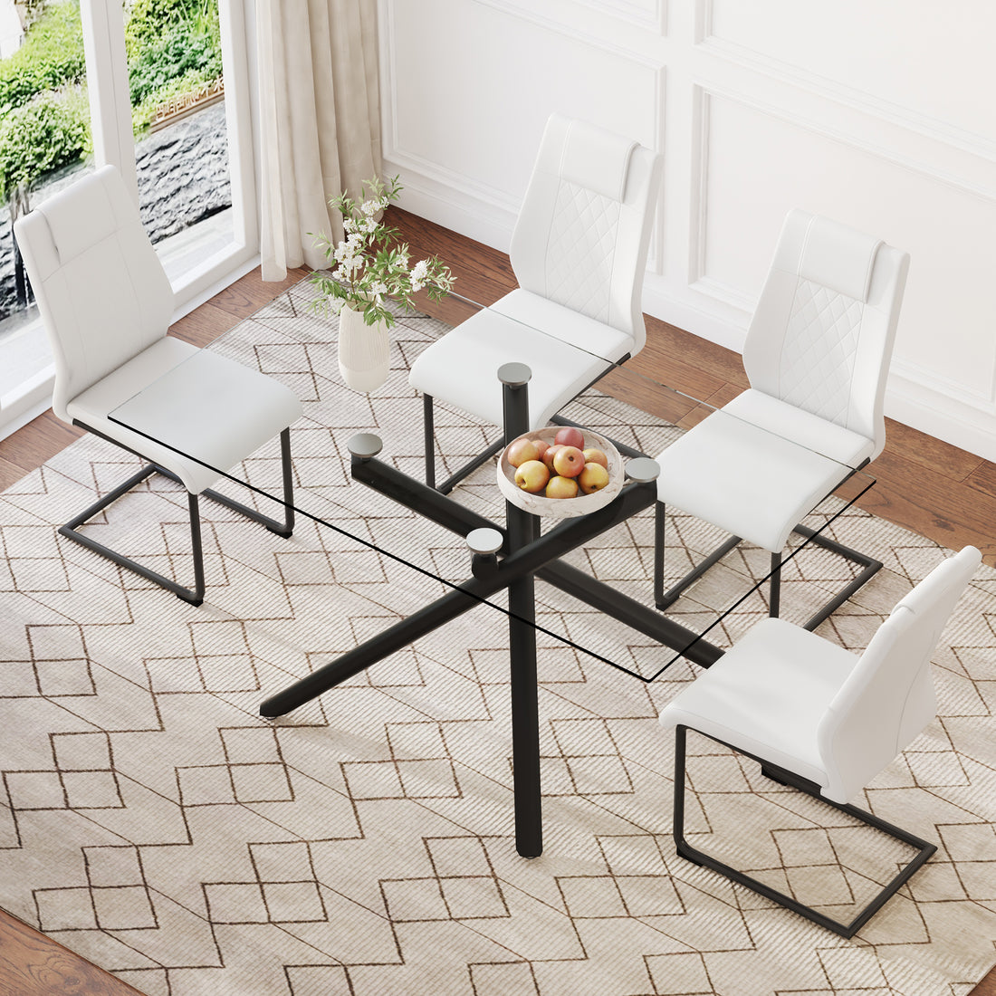 Table And Chair Set.Modern Rectangular Glass Dining Table With 0.39" Tempered Glass Tabletop And Black Metal Legs.Paired With Multiple Chairs Designed With Pu Cushions And Black Metal Legs. White Black Seats 4 Tempered Glass
