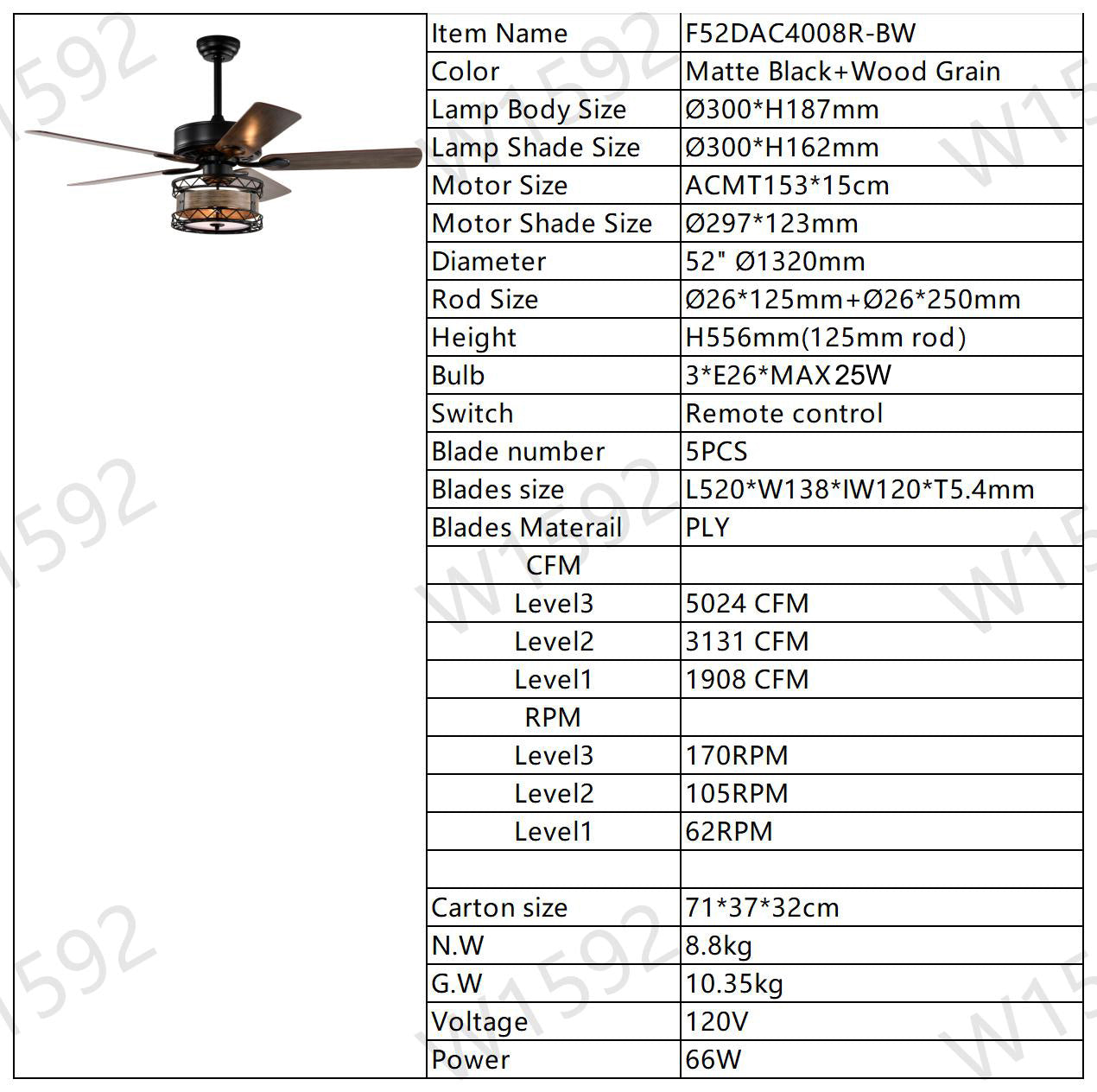 52 Inch Farmhouse 3 Lights Ceiling Fan With 5 Wood Blades, Two Color Fan Blade, Ac Motor, Remote Control, Reversible Airflow, Multi Speed, Adjustable Height, Traditional Ceiling Fa No Include Bulbs Matt Black American Design,American