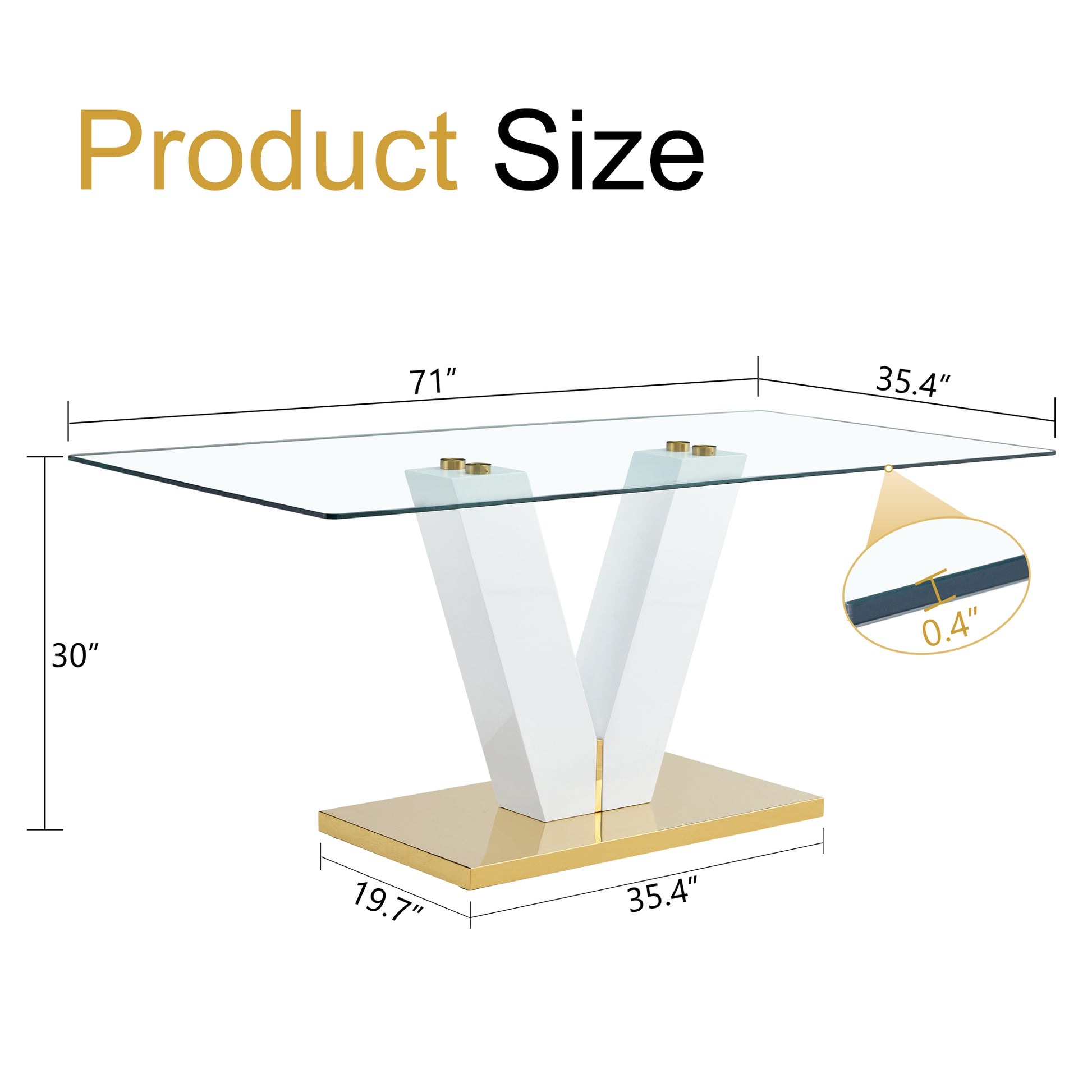 Large Modern Minimalist Rectangular Glass Dining Table For 4 8 People With 0.39" Tempered Glass Tabletop And Mdf Slab V Shaped Bracket,For Kitchen Dining Living Meeting Room Banquet Hall F V