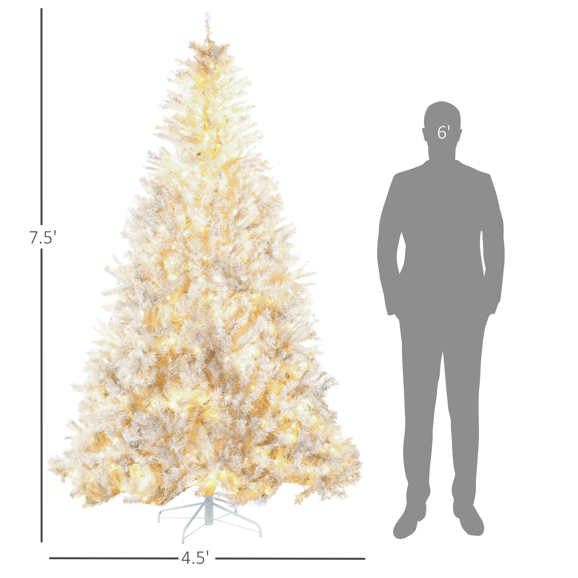 Homcom 7.5Ft Tall Prelit Artificial Christmas Tree Holiday D Cor With 1518 Branches, 500 Warm White Led Lights, Auto Open, White White Plastic