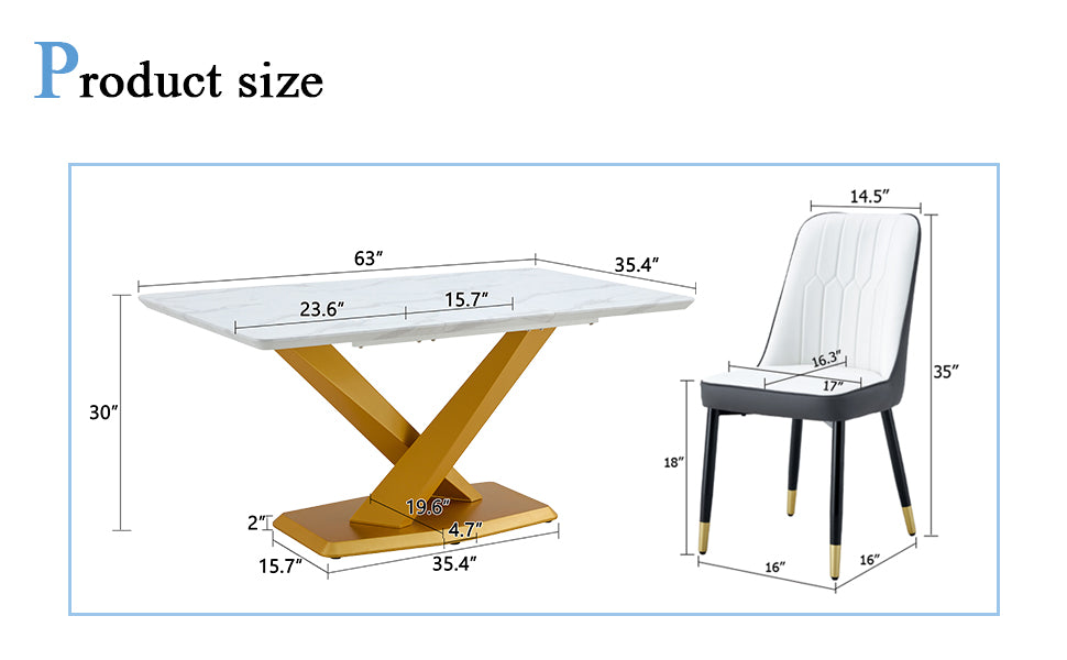 Table And Chair Set.The Table Is Equipped With A Marble Patterned Mdf Tabletop And Gold Table Legs.Paired With 4 White And Dark Gray Spliced Dining Chairs With Pu Cushions And Black Metal Legs. Dark