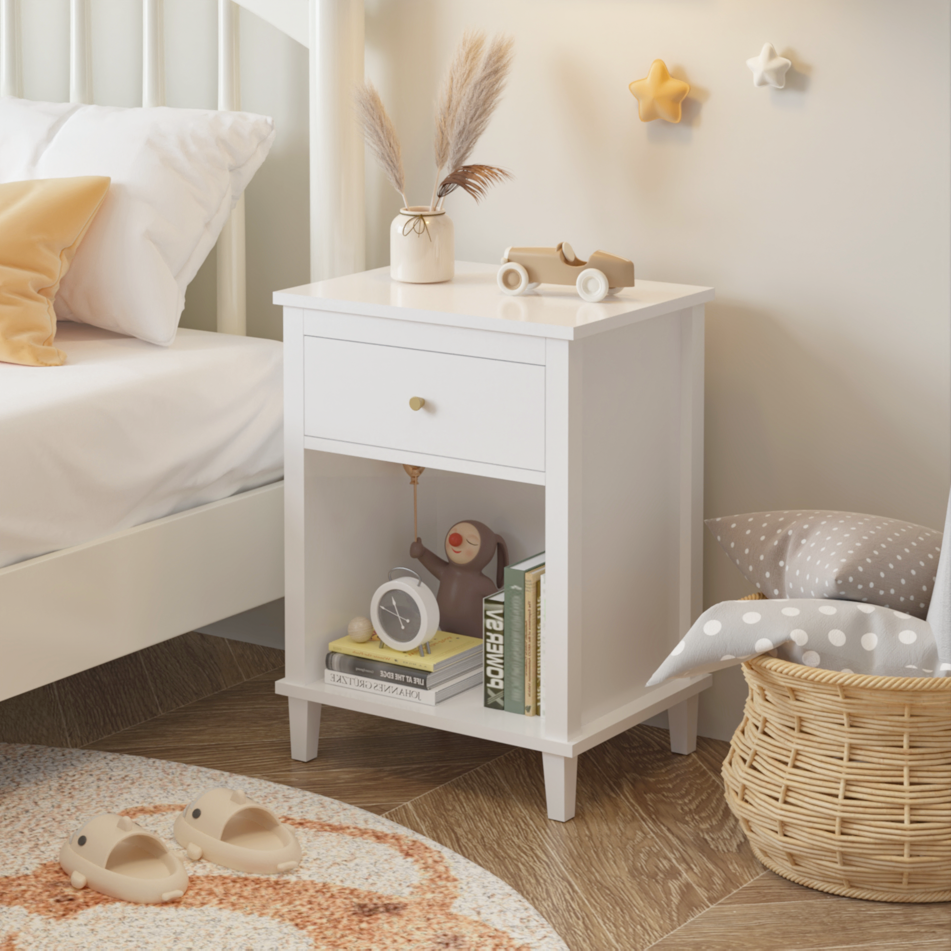 26.77''H Wooden Nightstand With One Drawer One Shelf For Kids, Adults, White White Mdf