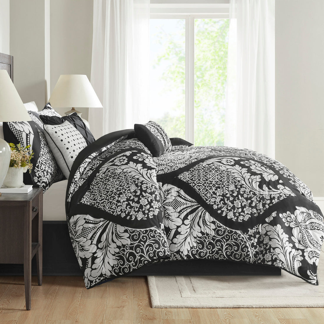 7 Piece Cotton Printed Comforter Set Black King King Black Polyester
