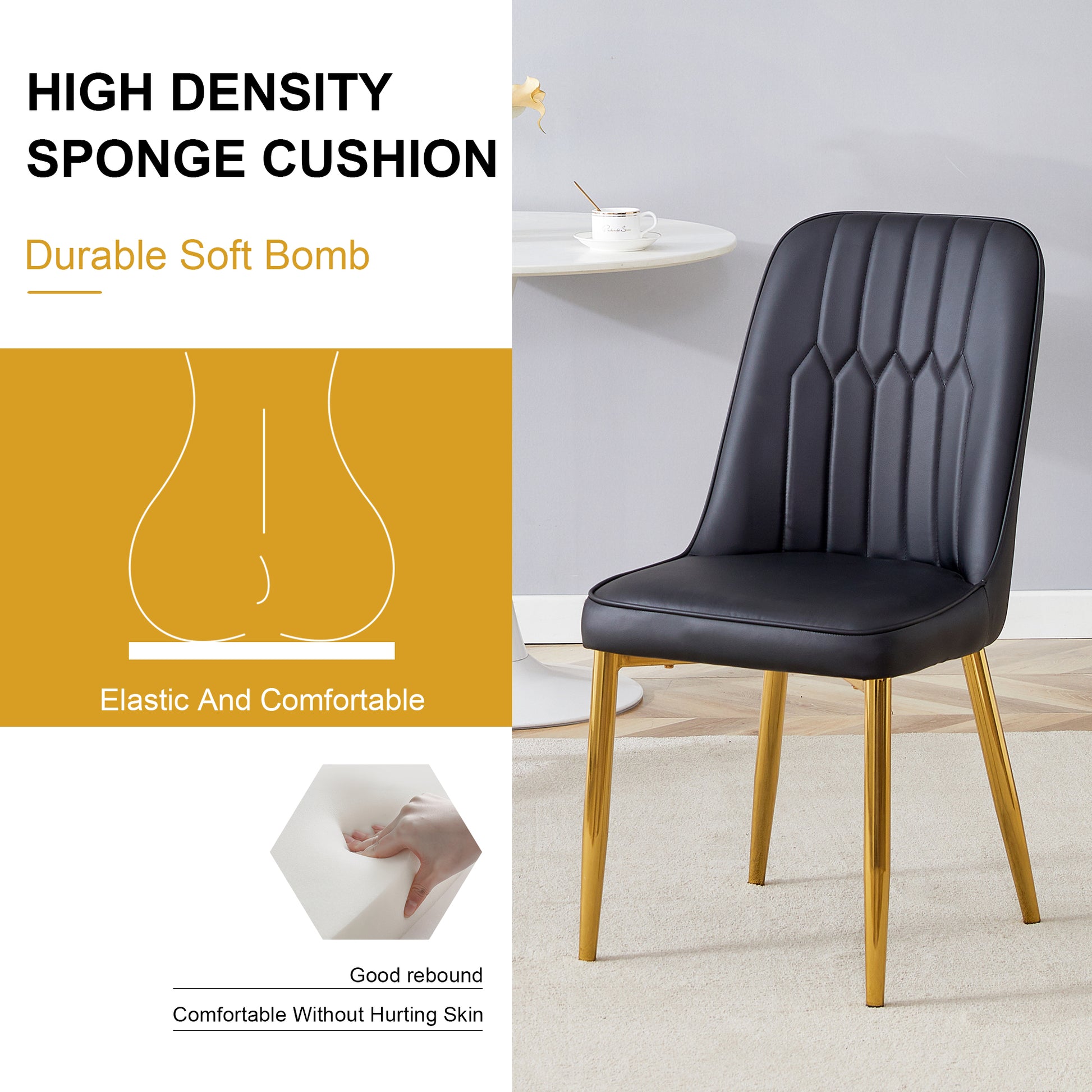 4 Modern Dining Chairs, Sleek Pu Leather Backrest, And Gold Metal Legs Bring A Comfortable Home Experience To The Kitchen, Bedroom, And Office. Black Pu