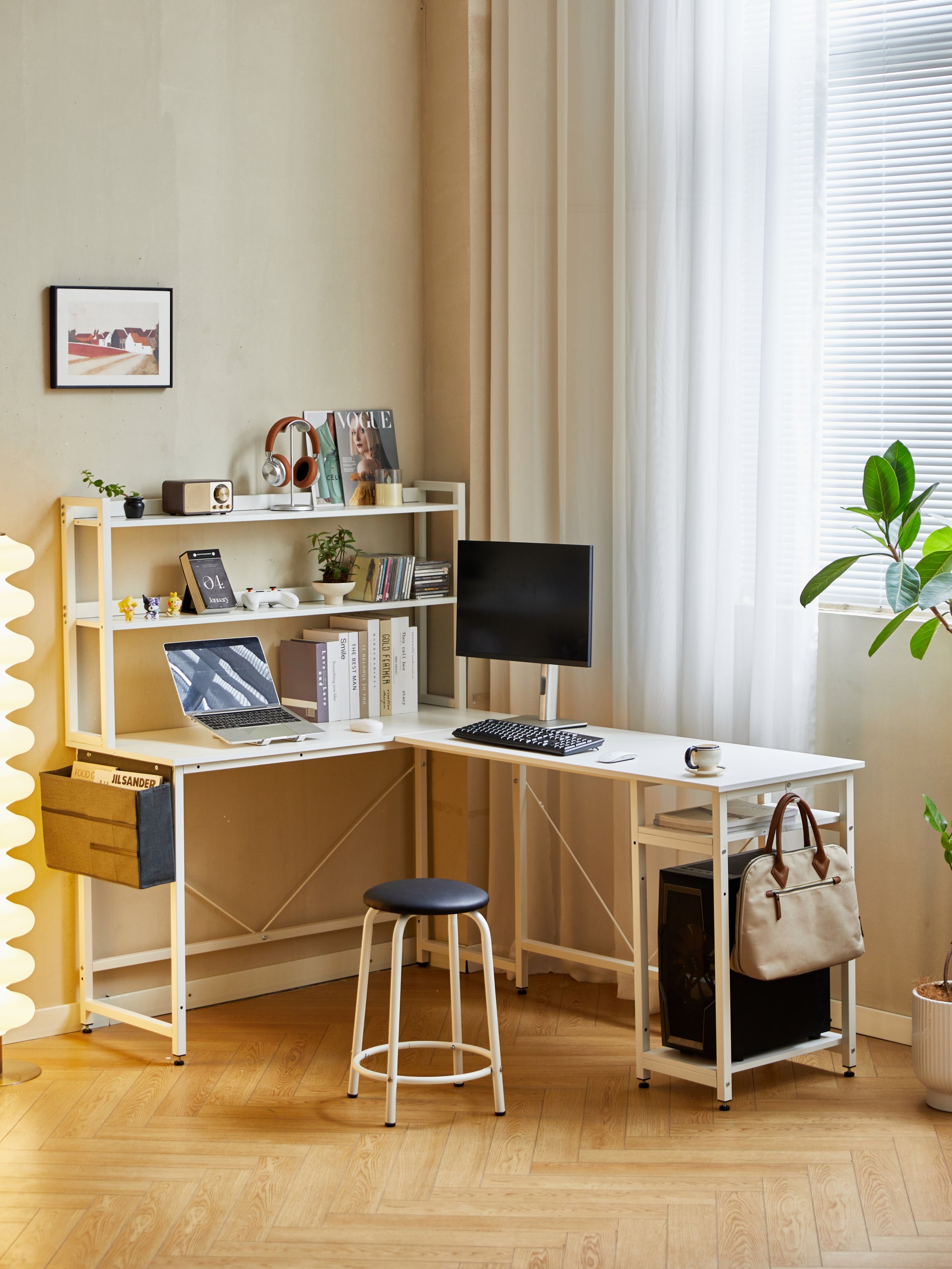 94.5 Inch Home Office Desk L Shape Gaming Desk With Storage Shelves And Stool White Mdf Metal