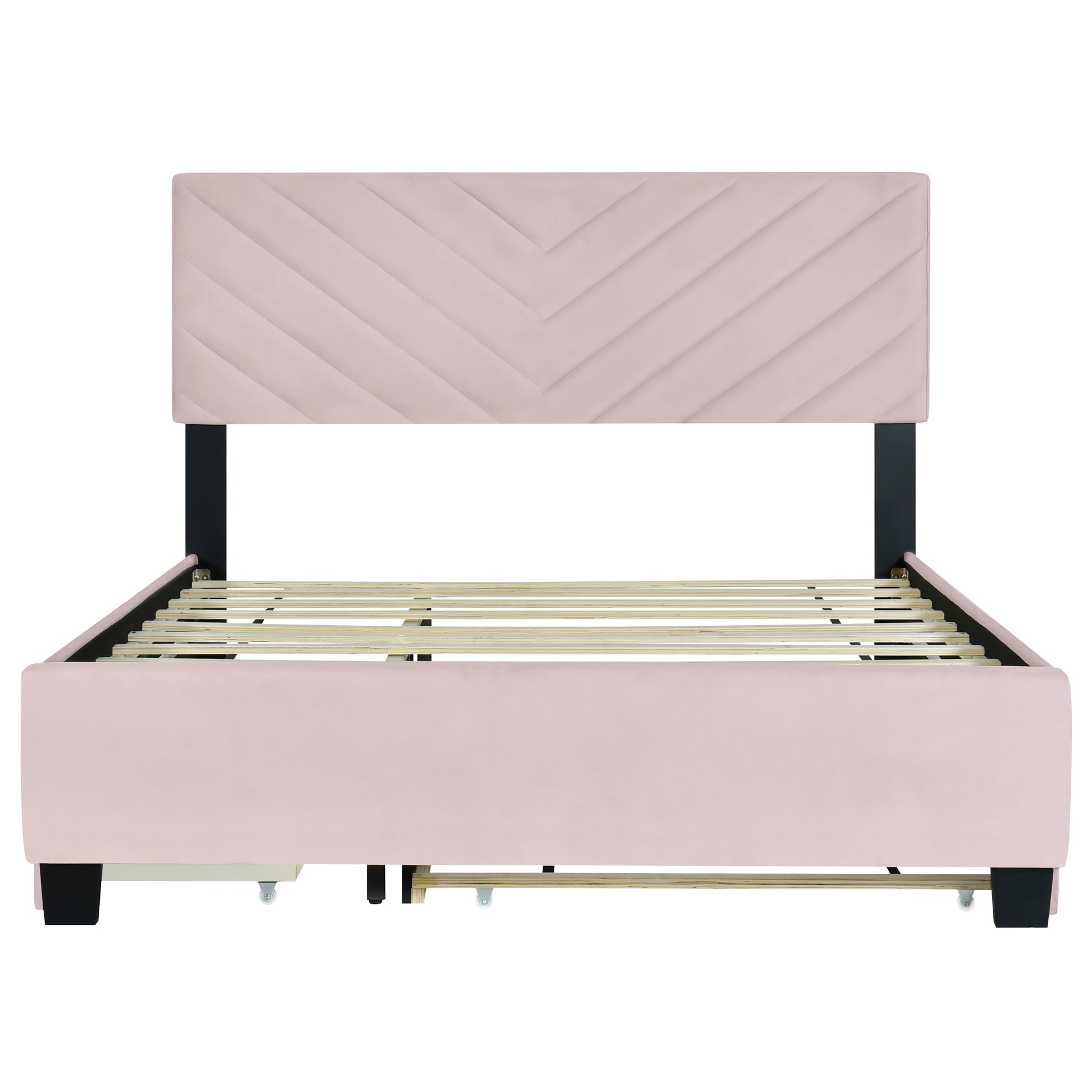 Queen Size Upholstered Platform Bed With Twill Headboard, Pullout Bed And Two Drawers, Flannel,Pink Queen Pink Mdf Lvl