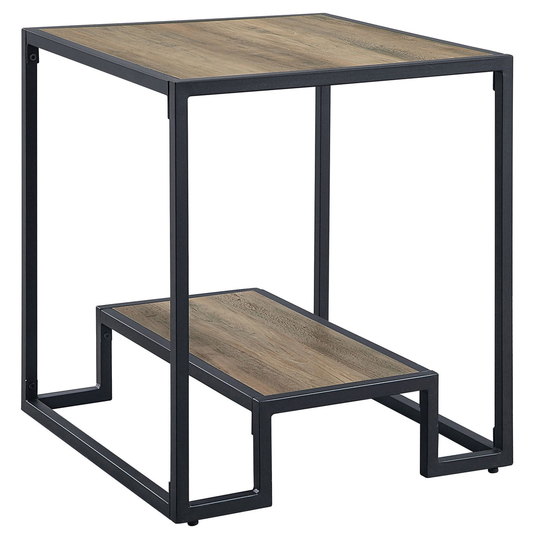 Rustic Oak And Black End Table With Open Shelf Black Brown Primary Living Space Industrial Shelves Rectangular Wood Metal Sled