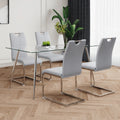 Modern Simple Rectangular Glass Dining Table, Solid Tempered Glass Tabletop, Electroplated Table Legs, Gray Pu Dining Chair Set, Suitable For Restaurant Kitchen Use Set Of 5 Upholstered Chair Glass Gray Pu Seats 4 Metal Rectangular Dining Table With