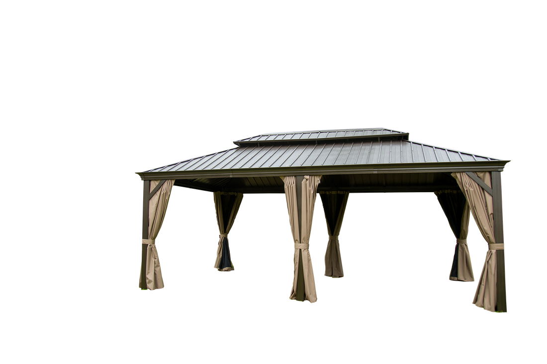 Outdoor Living 14X20Ft Hardtop Gazebo, Permanent Metal Gazebo With Galvanized Steel Double Roof And Aluminum Frame, Curtain And Netting, Large Pavilion Gazebo For Patio Deck Garden Brown Aluminum