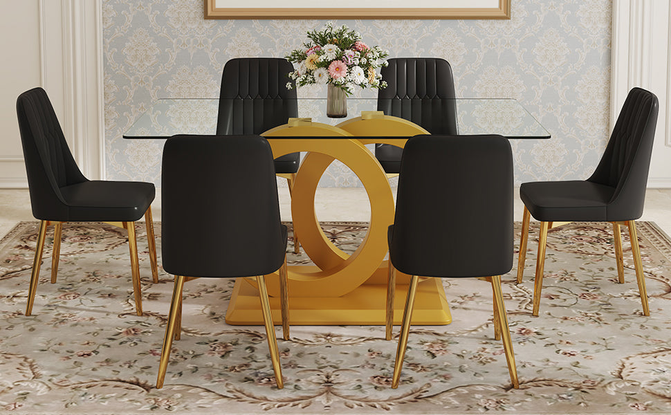 Table And Chair Set.63"W X 35.4"D X 30"H Clear Tempered Glass Desk And Chair Set With 6 Black Pu Chairs With Gold Metal Legs.Bring A Comfortable Home Experience To The Kitchen, Bedroom, And Office.