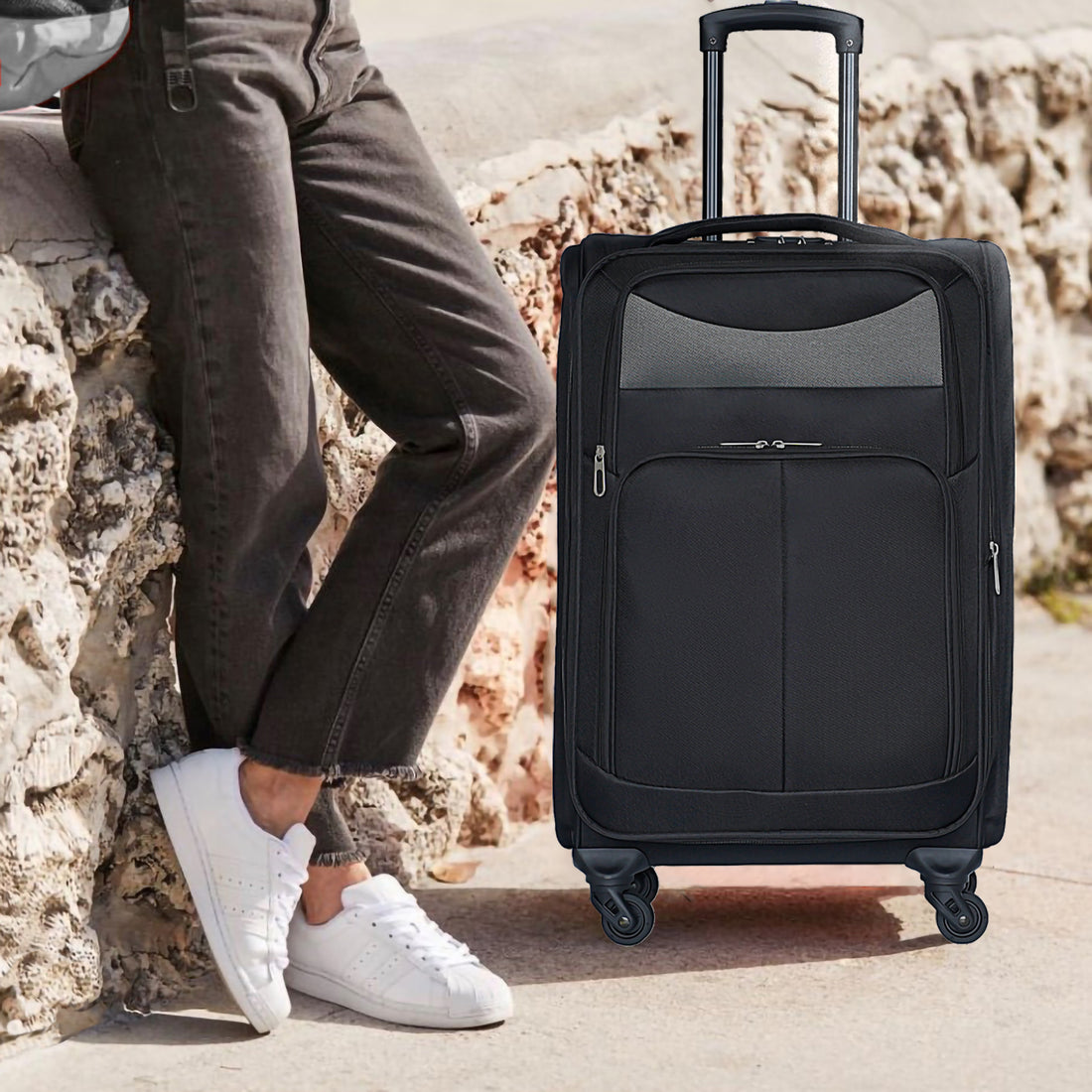 24 Inch Suitcase Black Black Oxford Fabric