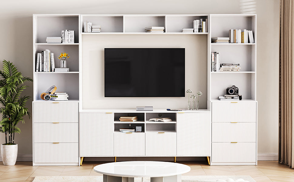 4 Piece Entertainment Wall Unit With 13 Shelves,8 Drawers And 2 Cabinets, Multifunctional Tv Stand Media Storage Cabinet With Fluted Line Surface For Living Room, For Tvs Up To 70" White 60 69 Inches Mdf