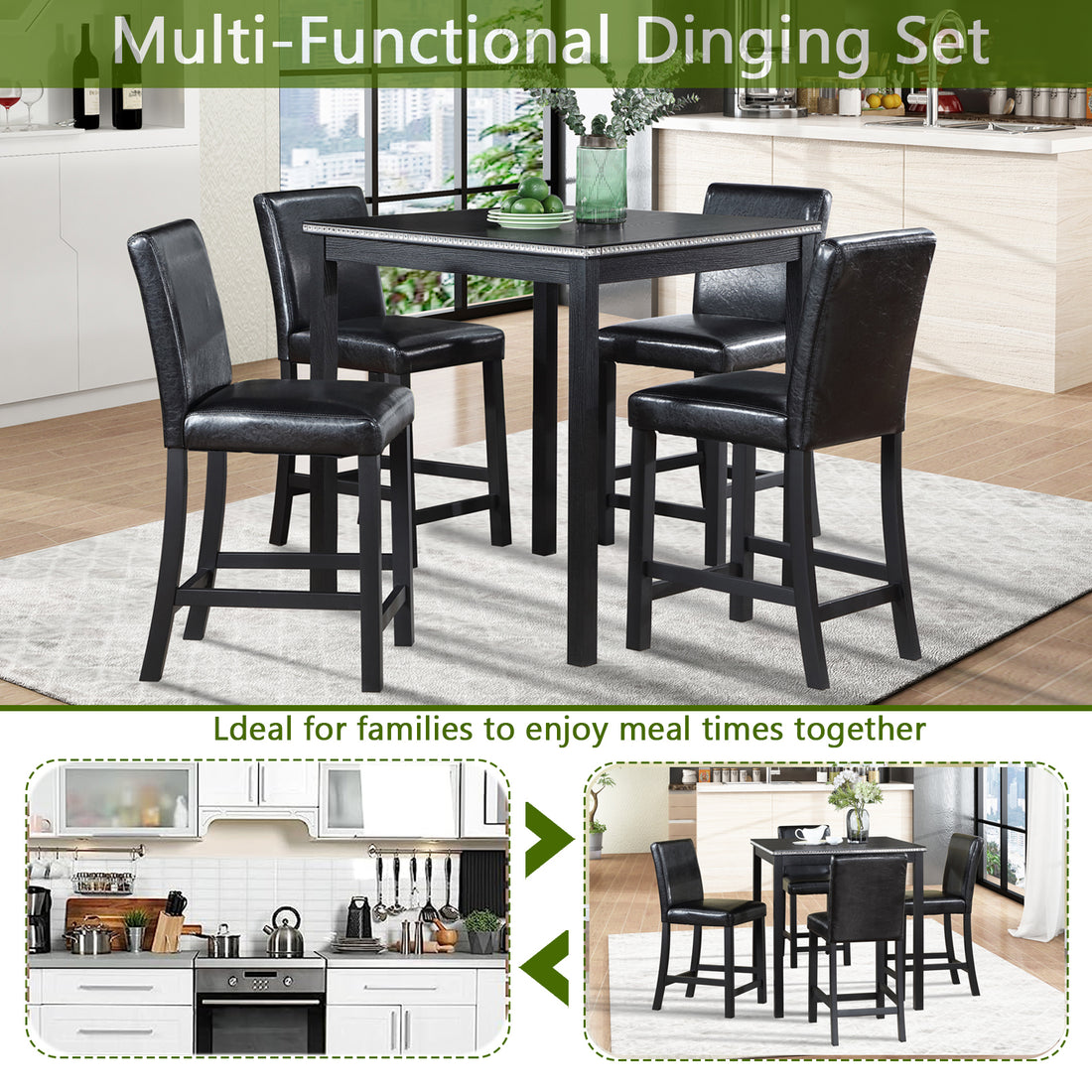 5 Piece Counter Height Table Set, Wooden Kitchen Table Set With Square Table And 4 Upholstered Chairs, Counter Height Dining Table With Crystal Decoration And Chair Set For Kitchen, Dining Room,Black Black Seats 4 Dining Room 4 Leg Square Dining Table