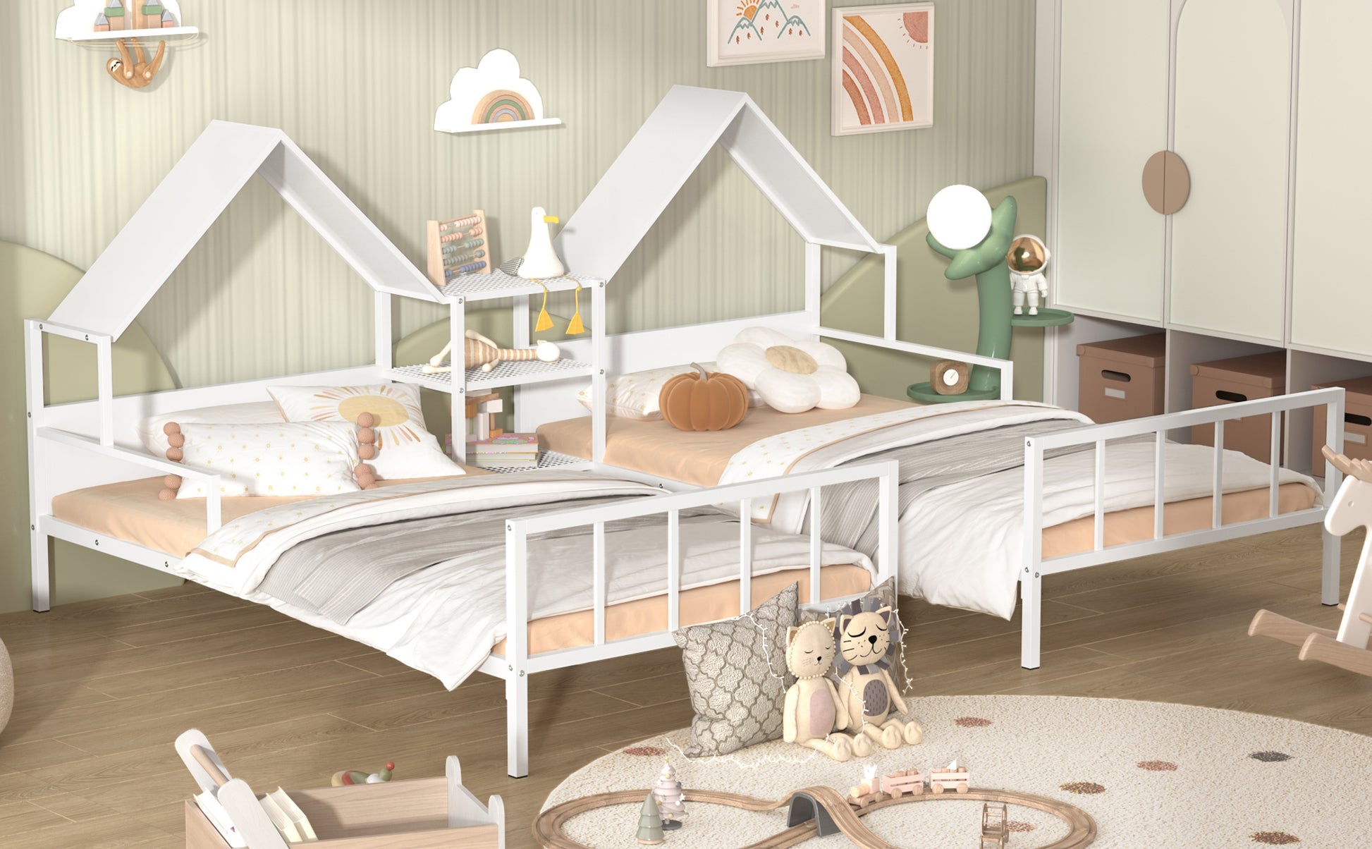 Metal Double Twin Size Platform Bed With House Shaped Headboard And A Built In Nightstand, White Box Spring Not Required Twin White Metal Metal