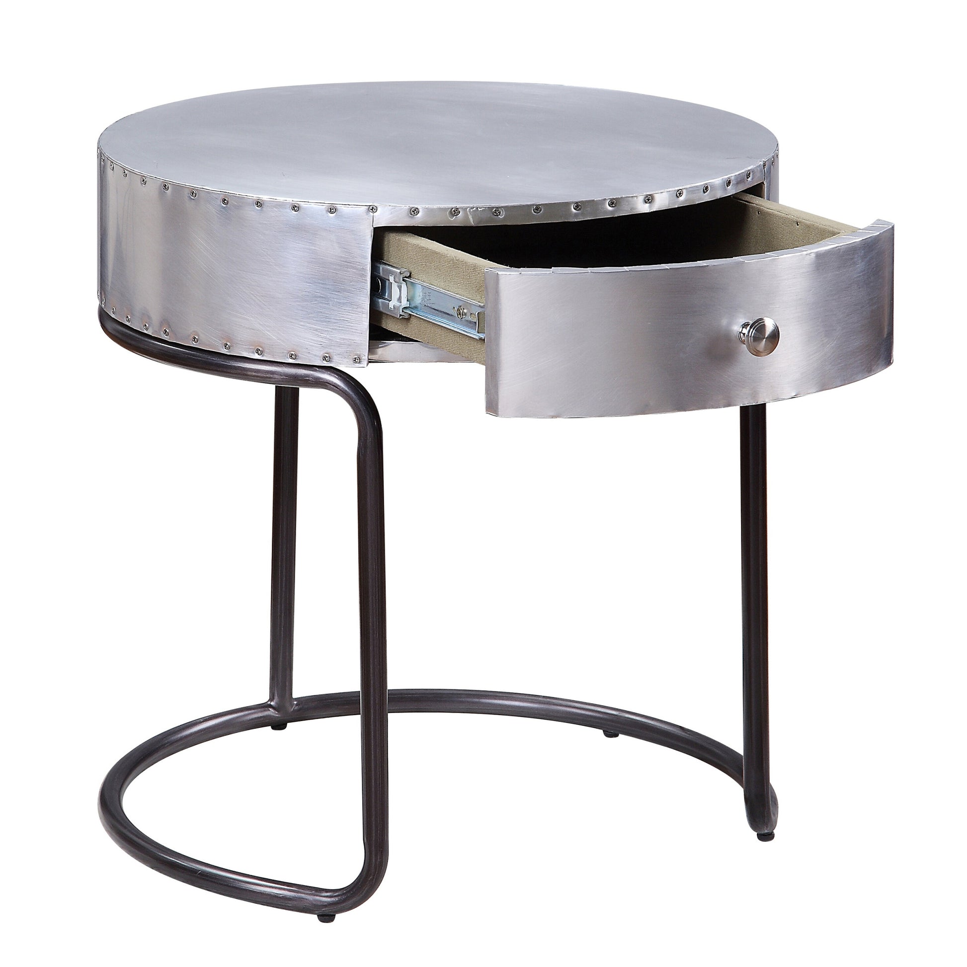 Aluminum And Black Storage End Table Silver Primary Living Space Industrial Drawers Round Aluminum Sled