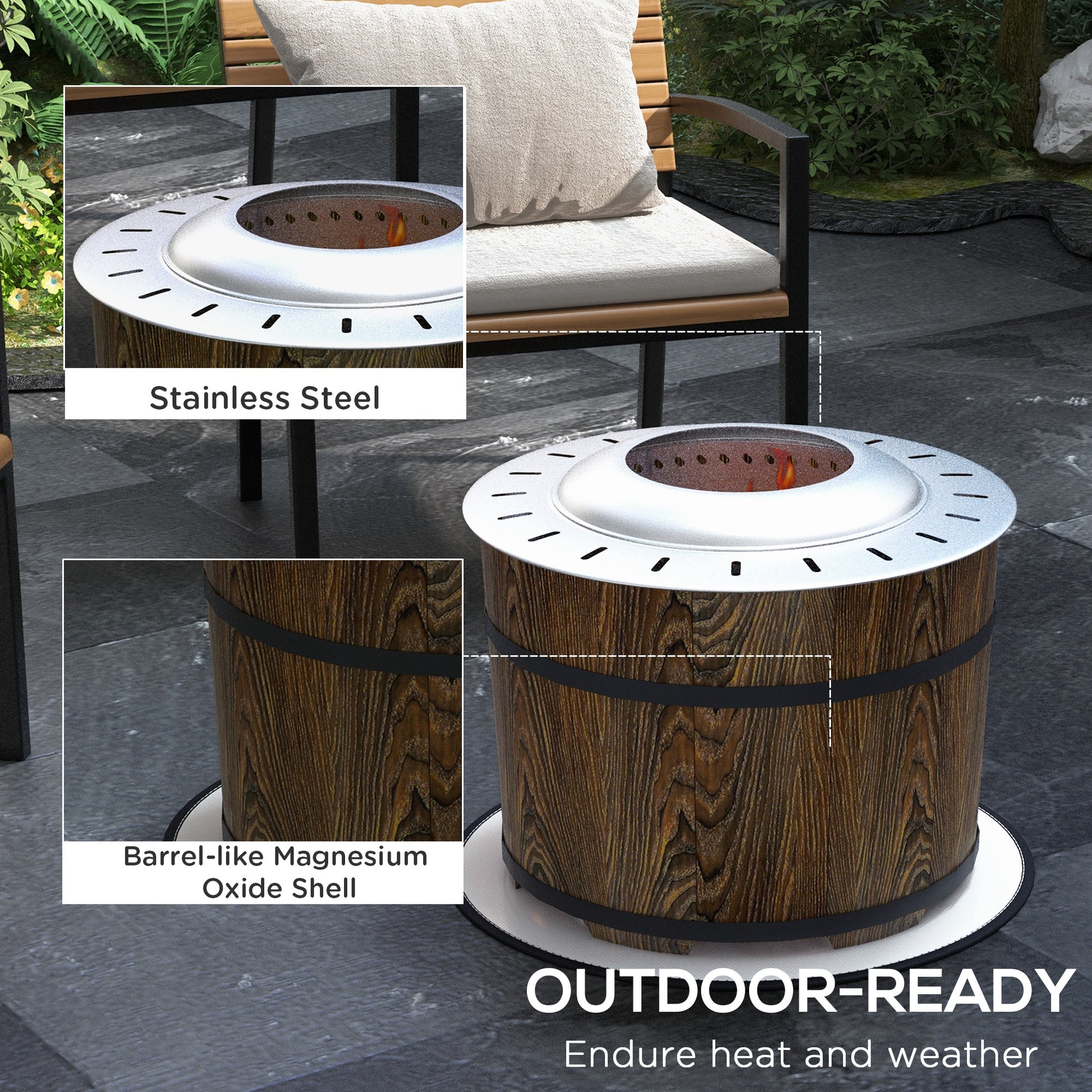 Outsunny Smokeless Fire Pit With Fireproof Mat, 20" Barrel Style Portable Wood Burning Firepit, Magnesium Oxide Low Smoke Camping Bonfire Stove For Backyard, Patio, Picnic, Brown Brown Magnesium Oxide
