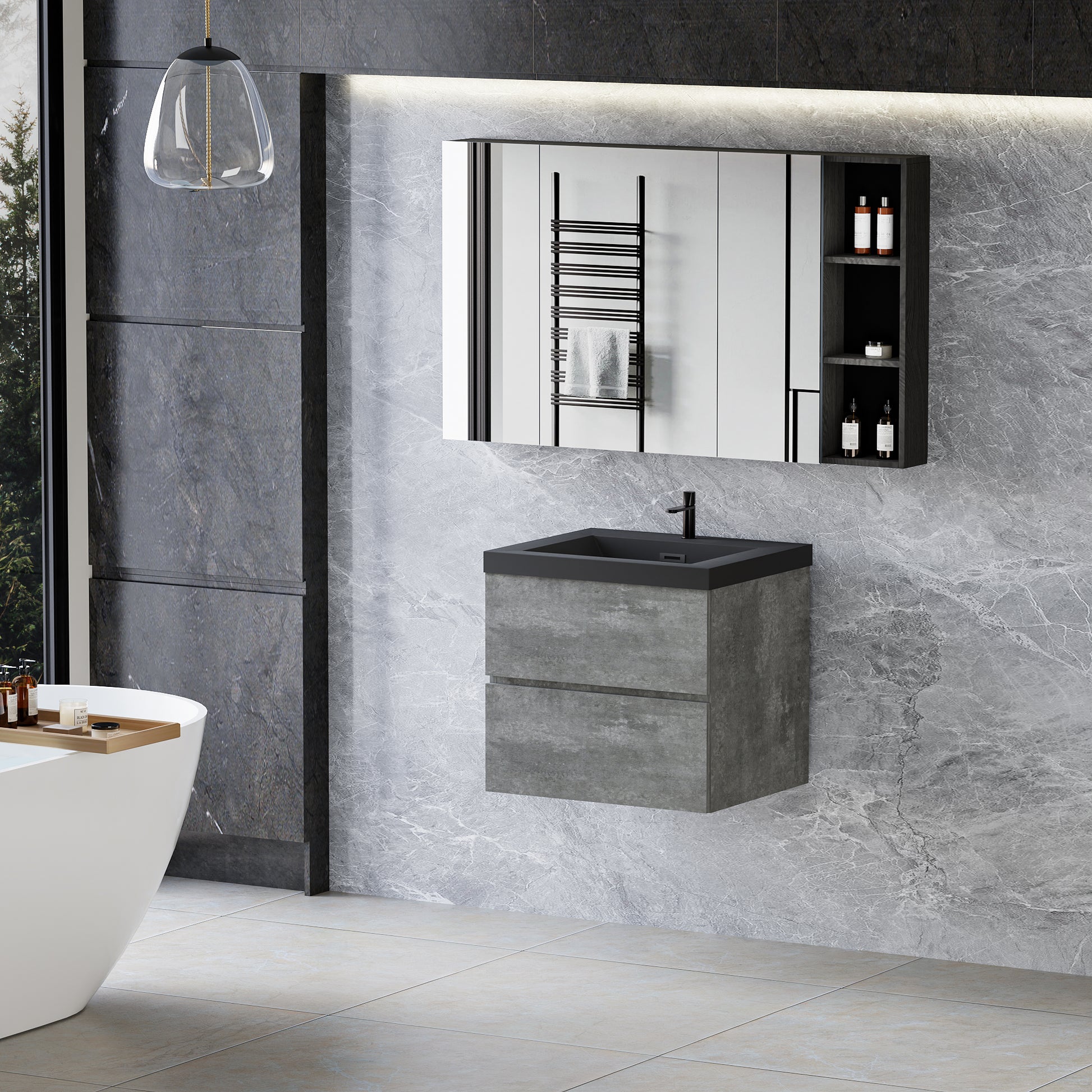 24" Floating Bathroom Vanity With Sink, Modern Wall Mounted Bathroom Storage Vanity Cabinet With Black Quartz Sand Top Basin And Soft Close Drawers, 24V12 24Gr Grey Grey Bathroom Melamine