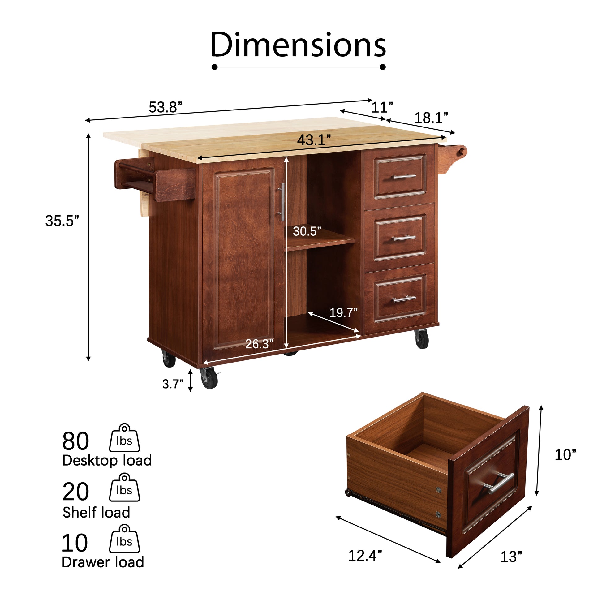 Mobile Kitchen Island Cart With 3 Drawers - Brown